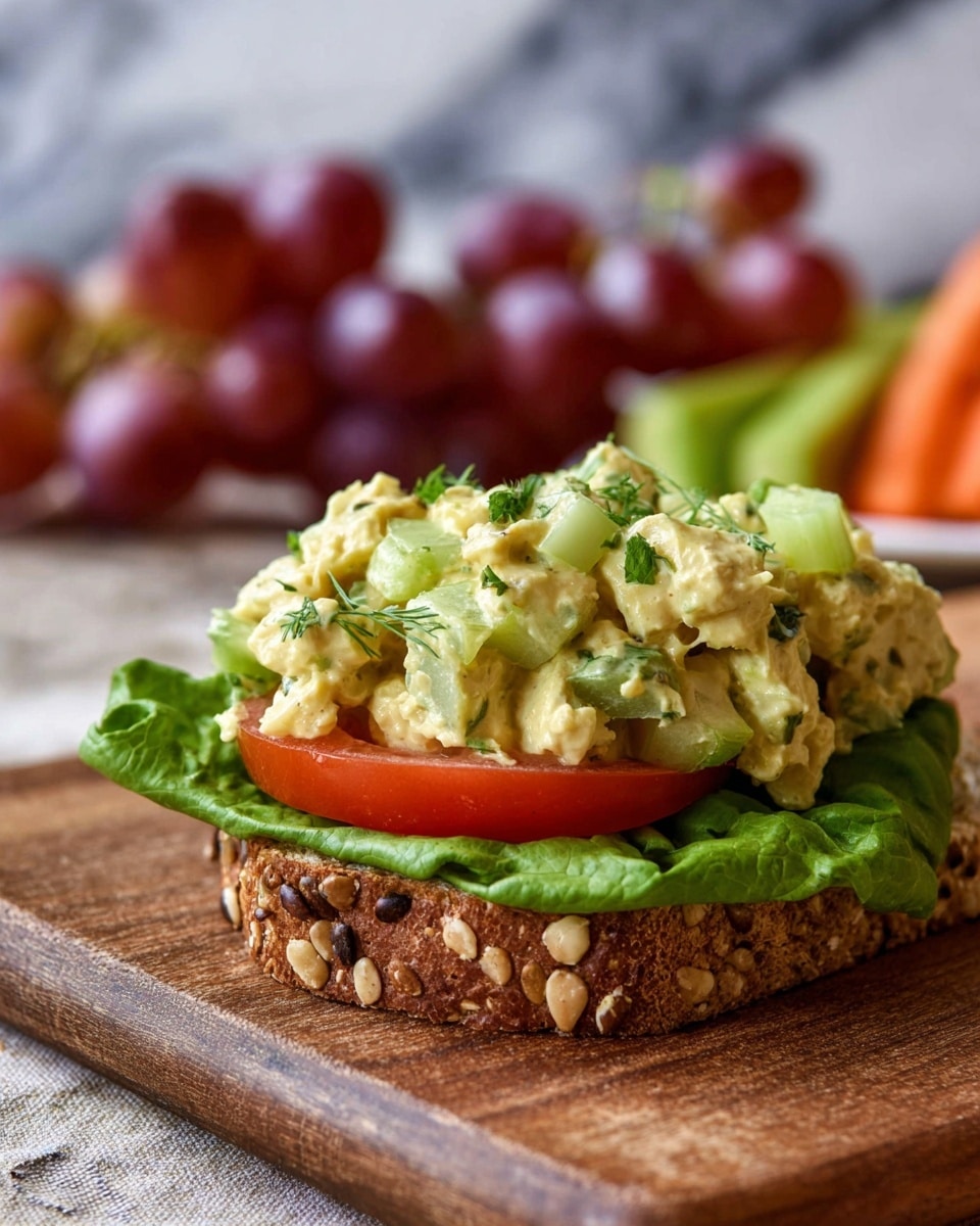 A single open sandwich sits on a wooden board, starting with a slice of multigrain bread with visible seeds at the bottom, topped by crisp green leafy lettuce. Above the lettuce is a thick slice of red tomato, and on top, a generous layer of creamy yellow salad mixed with small green pieces of celery and herbs. In the blurred background, there are red and green grapes and carrot sticks on a white marbled surface. photo taken with an iphone --ar 4:5 --v 7