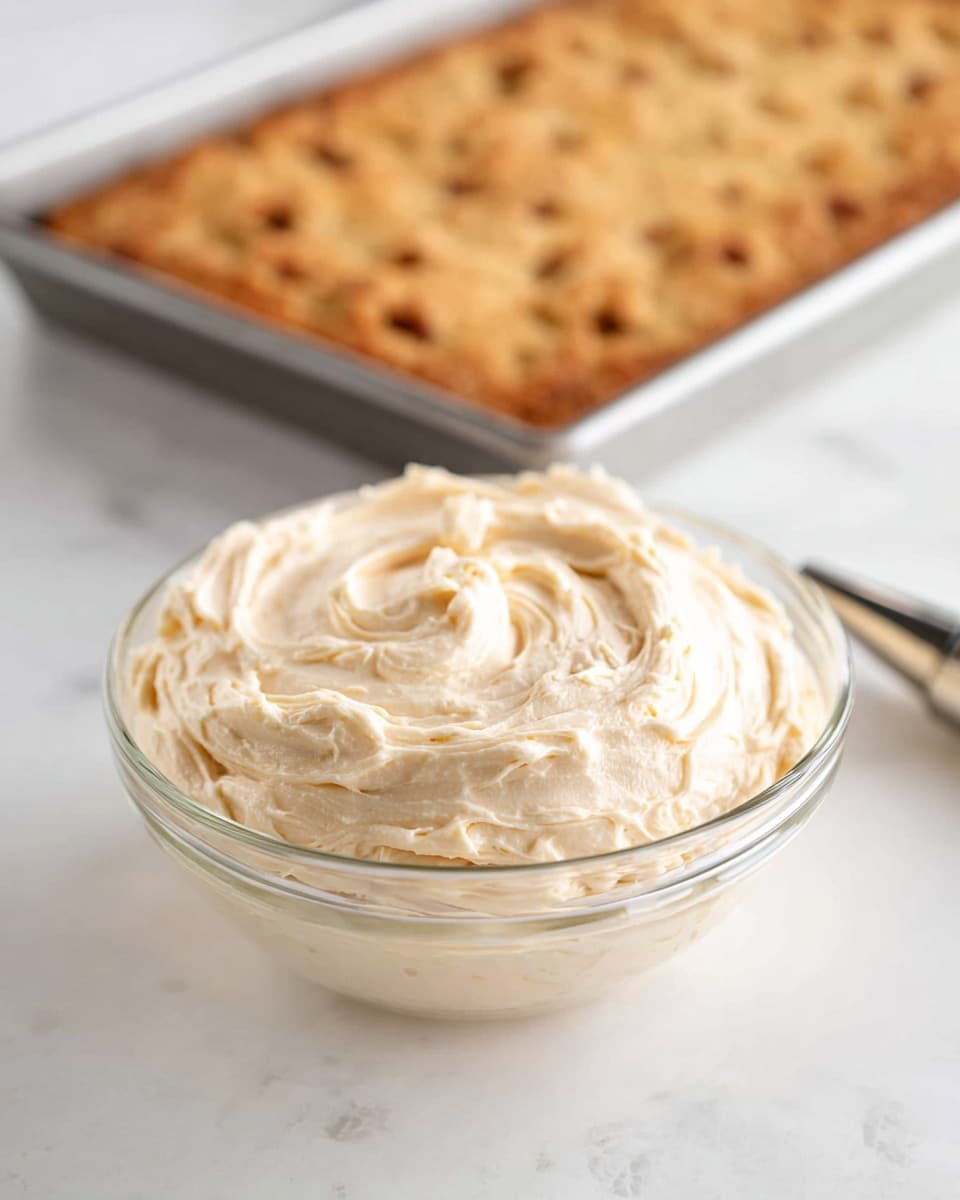 A clear glass bowl filled with one layer of light beige frosting with a smooth and slightly textured surface showing swirls on top. The bowl is placed on a white marbled surface, and behind it, there is a metal baking pan holding a baked item with a golden brown color and a rough, bubbly texture. On the right side of the bowl, a silver icing tip is set on the white marbled surface. photo taken with an iphone --ar 4:5 --v 7