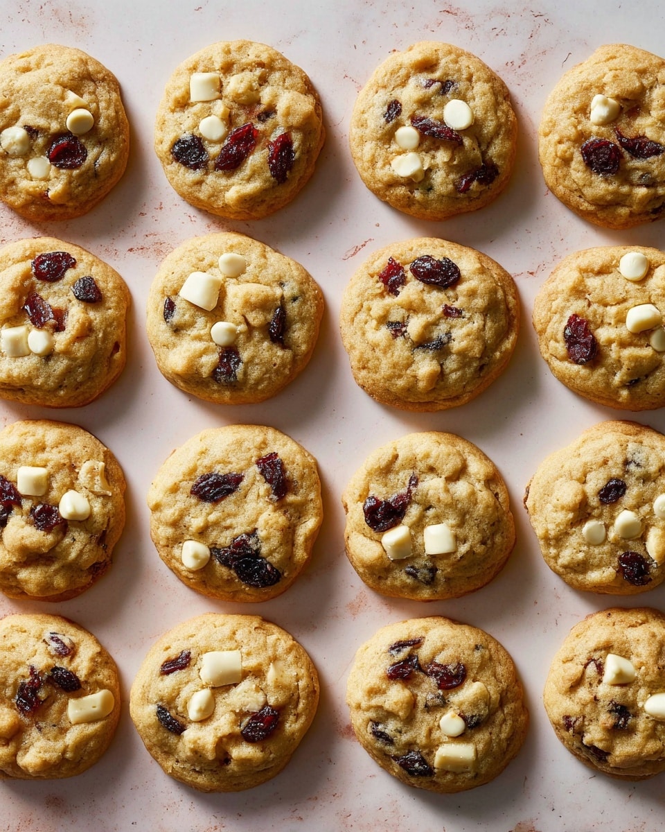 A flat layout of fifteen round cookies arranged in three rows on a white marbled surface. Each cookie is light golden brown with a soft texture, and visible uneven pieces of white chocolate chips and dark dried cranberries embedded across their tops. The cookies have slightly rough and bumpy surfaces with small cracks, showing a freshly baked look. Shadows fall softly beneath each cookie, emphasizing their slight thickness and homemade style. photo taken with an iphone --ar 4:5 --v 7