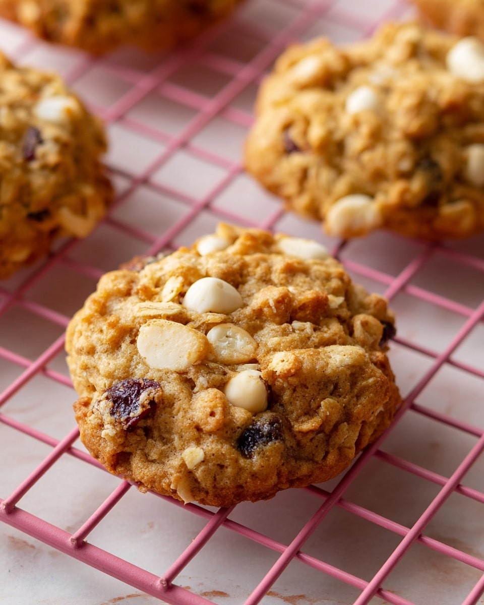 The image shows a close-up of three oatmeal cookies cooling on a pink wire rack. Each cookie has a rough textured surface with light golden brown color, dotted with visible chunks of white nuts and dark dried fruit pieces, creating a mix of beige, white, and dark purple tones. The pink wire rack has a grid pattern, and the background is a soft white marbled surface softly blurred in the distance. The cookies appear thick and soft with a slightly crisp outline. photo taken with an iphone --ar 4:5 --v 7