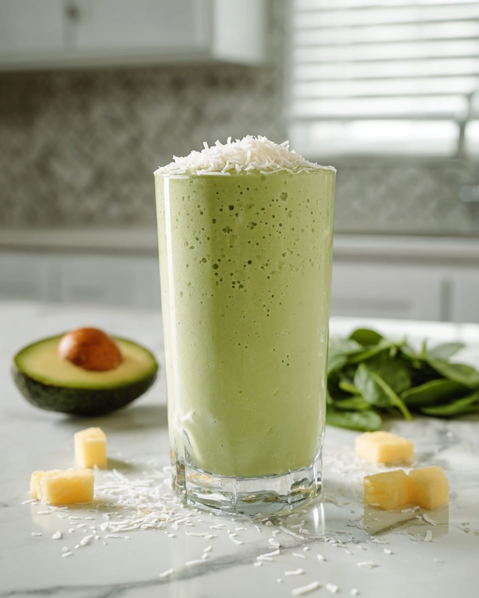 A tall clear glass filled with a thick, light green smoothie with small bubbles on its surface stands on a white marbled countertop. The top of the smoothie is piled with shredded white coconut flakes. Around the glass, small chunks of yellow pineapple and whole spinach leaves are scattered. In the background, there is a half avocado with dark green skin and light green flesh sitting on the white marbled countertop. The scene is set in a bright kitchen with white cabinets and backsplash, softly blurred in the background. photo taken with an iphone --ar 4:5 --v 7