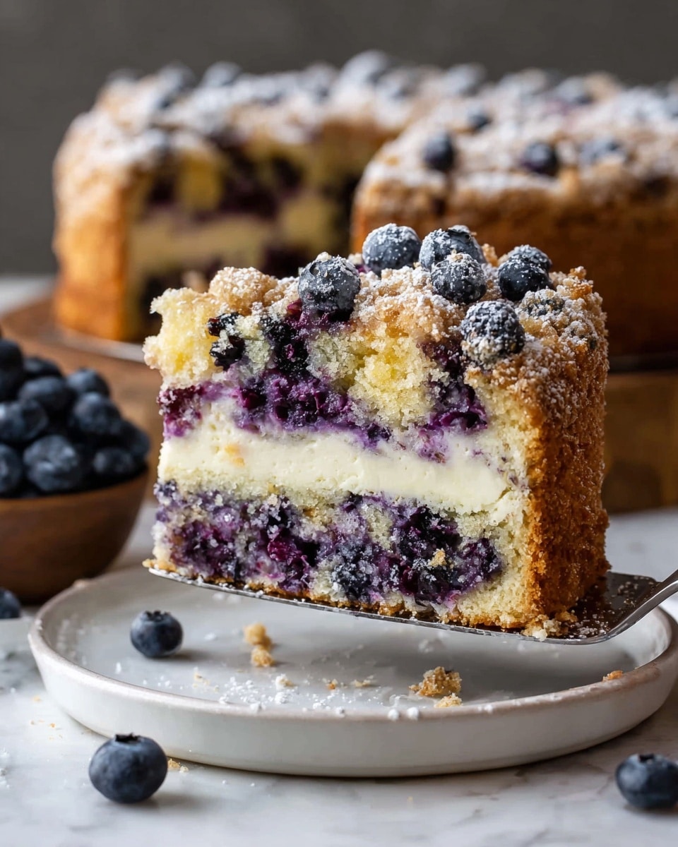 A slice of blueberry cake is lifted on a spatula, showing three main layers: a crumbly golden-brown top with powdered sugar and scattered blueberries, a middle moist purple and light yellow mixed cake filled with whole blueberries, and a creamy white layer in the center; the rest of the round cake sits on a white plate on a white marbled surface, topped with powdered sugar and fresh blueberries, with a bowl of blueberries blurred in the background. photo taken with an iphone --ar 4:5 --v 7