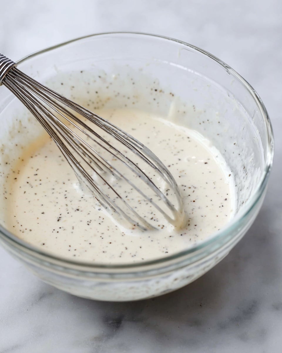 A clear glass bowl with a smooth, creamy white sauce inside, speckled evenly with small black pepper flakes, showing a thick but smooth texture. A metal whisk rests in the bowl, partially covered by the sauce, with some sauce dripping lightly on the wires of the whisk. The bowl sits on a white marbled surface, and the scene looks bright and clean with soft natural lighting. photo taken with an iphone --ar 4:5 --v 7