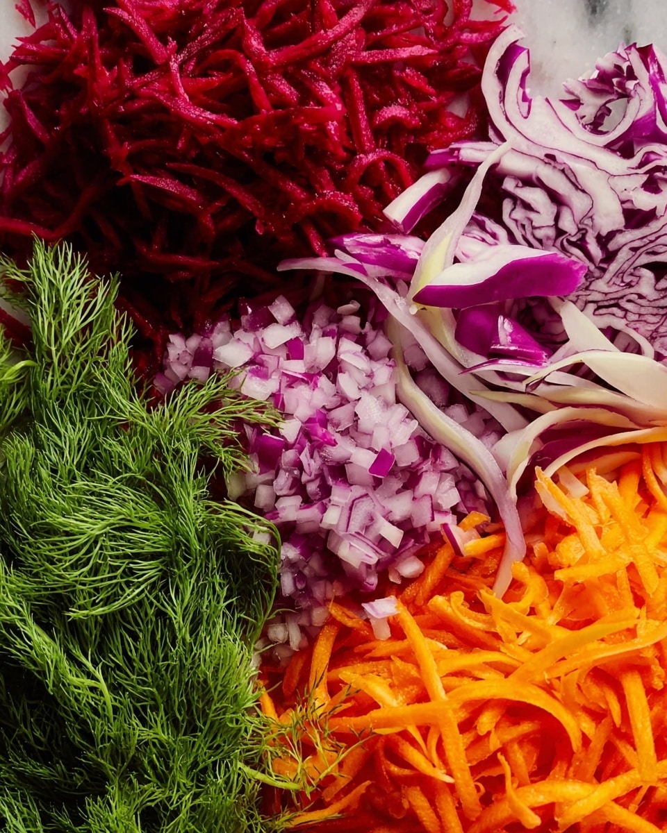 This close-up image shows a vibrant mix of shredded and chopped vegetables arranged side by side on a white marbled surface. Starting from the left, there is a deep red shredded vegetable, likely beetroot, next to a bunch of fresh green dill with fine feathery leaves. In the middle, there are thin, curly slices of purple cabbage with white streaks, followed by small, finely chopped pieces of red onion with white centers. On the right side, bright orange shredded carrots create a colorful contrast against the other vegetables. The textures range from finely diced to shredded and leafy, creating a rich visual mix of fresh, crisp ingredients. photo taken with an iphone --ar 4:5 --v 7