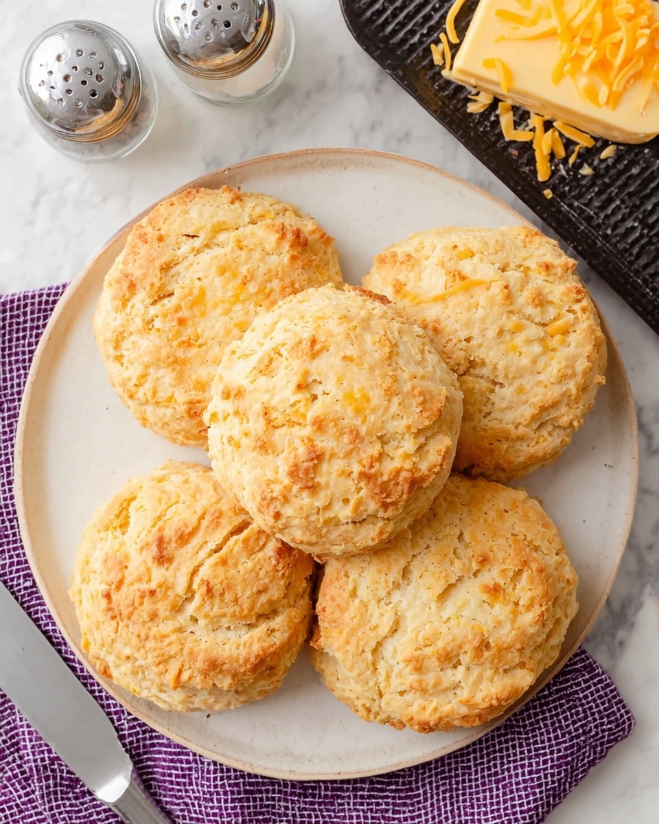 There are five golden brown biscuits on a round white plate, arranged close together so one biscuit is centered and the other four surround it. The biscuits have a rough, crumbly texture with a slightly cracked surface and a light, flaky crust. In the top right corner, some shredded and a block of orange cheese sit on a black, textured tray. Below the plate, part of a purple checkered cloth is visible on a white marbled surface, along with a metal knife and glass salt and pepper shakers. photo taken with an iphone --ar 4:5 --v 7