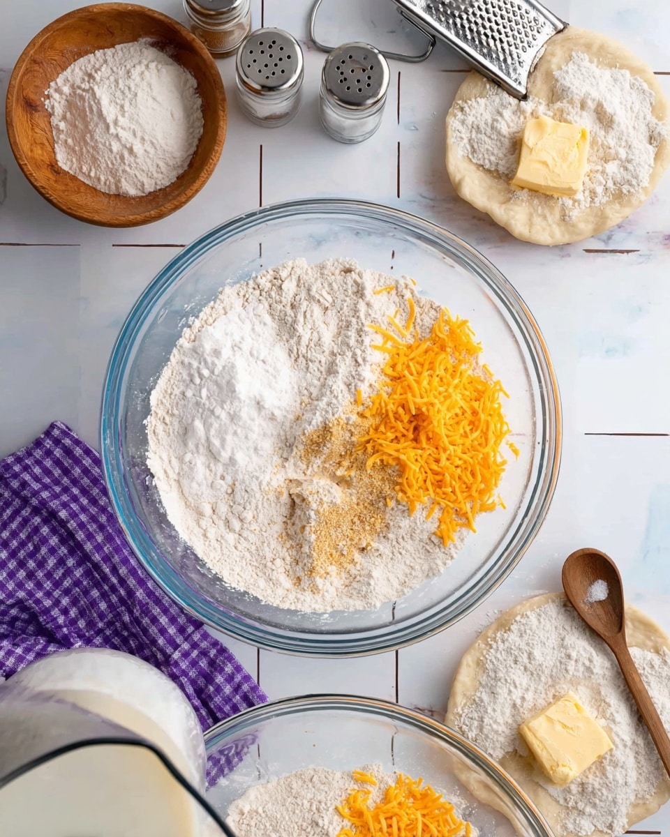 A clear glass bowl filled with dry ingredients is placed on a white marbled surface with a purple checkered cloth and wooden spoon nearby. In the first image, the bowl shows distinct layers: white flour covering most of the area, a bright orange shredded cheese piled on one side, and small piles of white powder and light brown crumbs in sections on top of the flour. Around the bowl, there is a wooden bowl with a white powder, a silver grater with shredded orange cheese, a salt shaker, and measuring spoons. In the second image, the ingredients in the bowl are mixed with small chunks of pale yellow butter spread through the mixture. The third image shows milk pouring into the mixed dry ingredients in the bowl. The final image displays a round dough formed on a white floured surface beside the bowl, ready for the next step. The setting remains consistent with the white marbled texture underneath and kitchen tools around. photo taken with an iphone --ar 4:5 --v 7