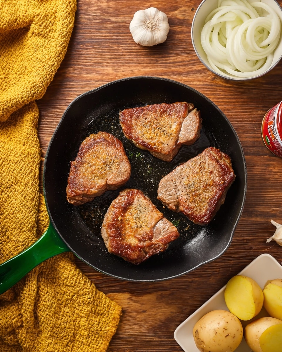 The image shows four thick, golden-brown, seared meat pieces in a black skillet with a green handle, each piece crispy and textured on top with a lightly browned crust, arranged in a loose circular pattern inside the pan. The skillet is placed on a wooden surface with a mustard-yellow textured cloth draped on the top left corner. To the upper right, there is a white bowl filled with sliced white onions. At the bottom right corner, there is a white tray holding halved yellow potatoes and a whole garlic bulb is placed just to the left of the tray along with a partially visible red can of tomato paste. Photo taken with an iphone --ar 4:5 --v 7