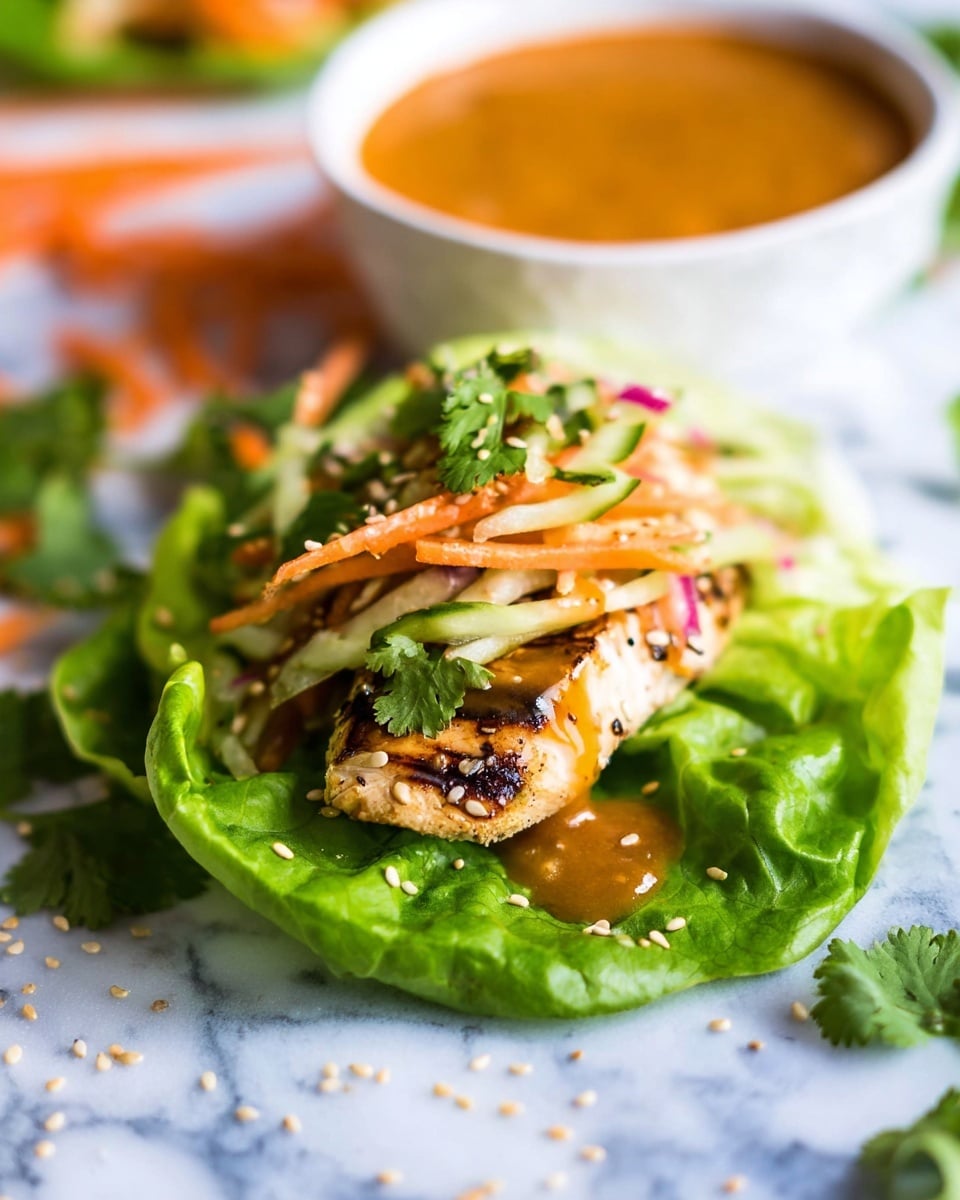 A fresh lettuce leaf acts as the base layer with bright green color and a soft, crinkled texture. On top of this is a grilled piece of chicken with visible brown grill marks and a light golden color. The chicken is topped with a mix of thinly sliced, orange-colored carrots and pale green cucumbers and red onions, all lightly coated with a glossy sauce. Light brown sesame seeds are sprinkled generously over the toppings. Surrounding the main wrap are sprigs of fresh green cilantro. In the blurred background, a white bowl contains smooth, orange sauce, adding depth to the image. The entire scene rests on a white marbled surface with scattered carrot strips and sesame seeds. Photo taken with an iphone --ar 4:5 --v 7