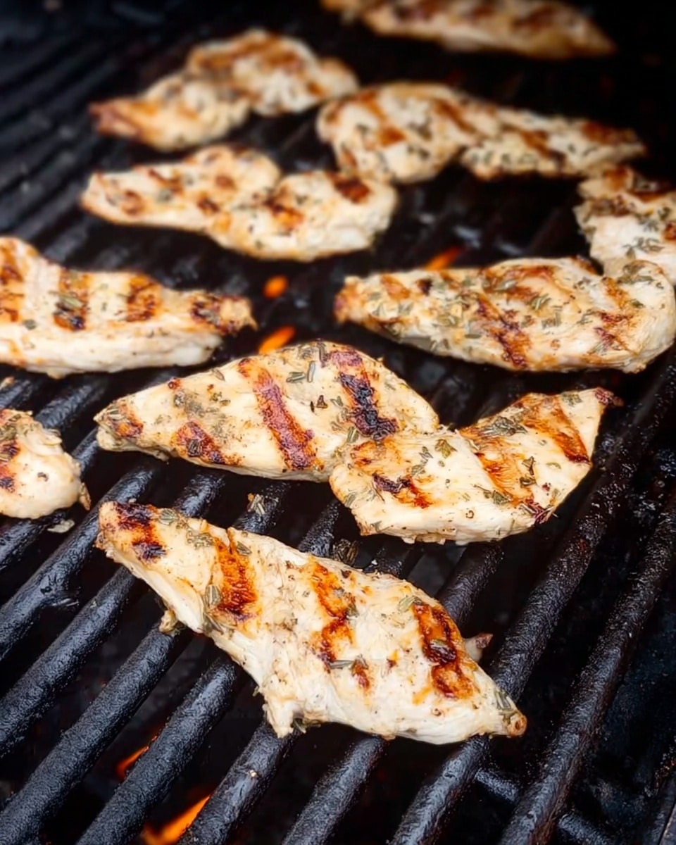Grilled chicken pieces placed on a black grill with visible grill lines on each piece. The chicken pieces are light brown with some charred darker spots and herbs sprinkled on them. The grill bars run horizontally with some flames faintly visible underneath. The chicken pieces vary in shape and size, some are flat and others twisted. The overall look shows the chicken cooking process with bright grill marks against the pale chicken meat photo taken with an iphone --ar 4:5 --v 7