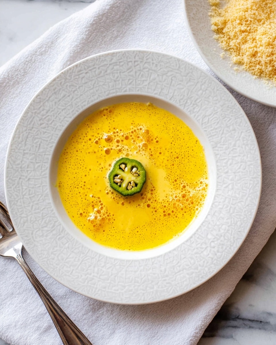 A white plate with a patterned rim holds a pool of bright yellow beaten egg mixture, which has a smooth, slightly bubbly texture. Floating near the center is a single small slice of green okra, showing its star-shaped cross section with seeds. The plate is placed on a white marbled surface with a white cloth underneath, and a silver fork lies nearby next to another plate partially filled with breadcrumbs. Photo taken with an iphone --ar 4:5 --v 7