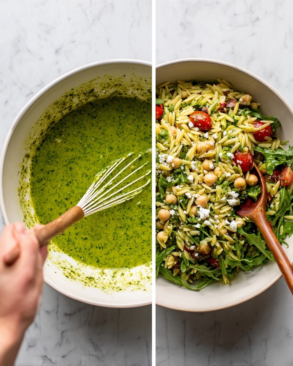 The image shows two views of a white bowl on a white marbled surface. On the left, a woman's hand stirs a bright green, smooth pesto sauce with a white whisk in the bowl, the surface showing small bits of herbs. On the right, the same white bowl is filled with a mixed salad of light yellow orzo pasta, green leafy arugula, pale beige chickpeas, halved red cherry tomatoes, and small white crumbles of cheese, all mixed together with the green pesto sauce coating the ingredients. Two wooden spoons are inside the bowl, one resting on the edge and one partly submerged. The overall look is fresh, colorful, and textured. photo taken with an iphone --ar 4:5 --v 7