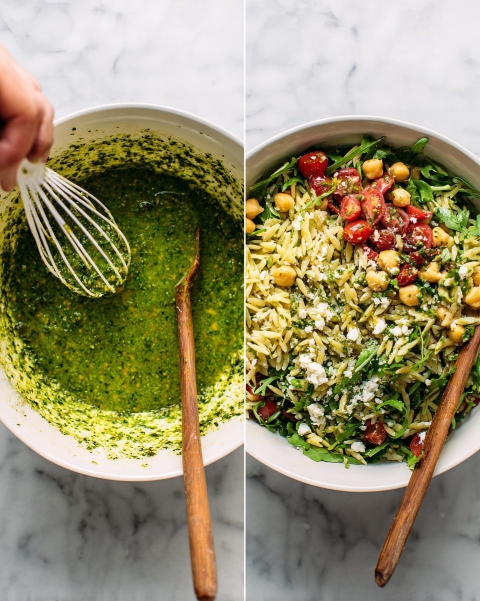 Two side-by-side images show a white bowl with green pesto sauce being mixed with a white whisk held by a woman's hand in the left image, and in the right image, the same white bowl filled with a colorful orzo salad. The salad has layers of green leafy arugula, light yellow orzo pasta, light brown chickpeas, bright red halved cherry tomatoes, small white cheese crumbles, and chopped herbs, all mixed with the vivid green pesto sauce. Two wooden spoons rest inside the bowl on the right side. The bowl sits on a white marbled surface. Photo taken with an iphone --ar 4:5 --v 7