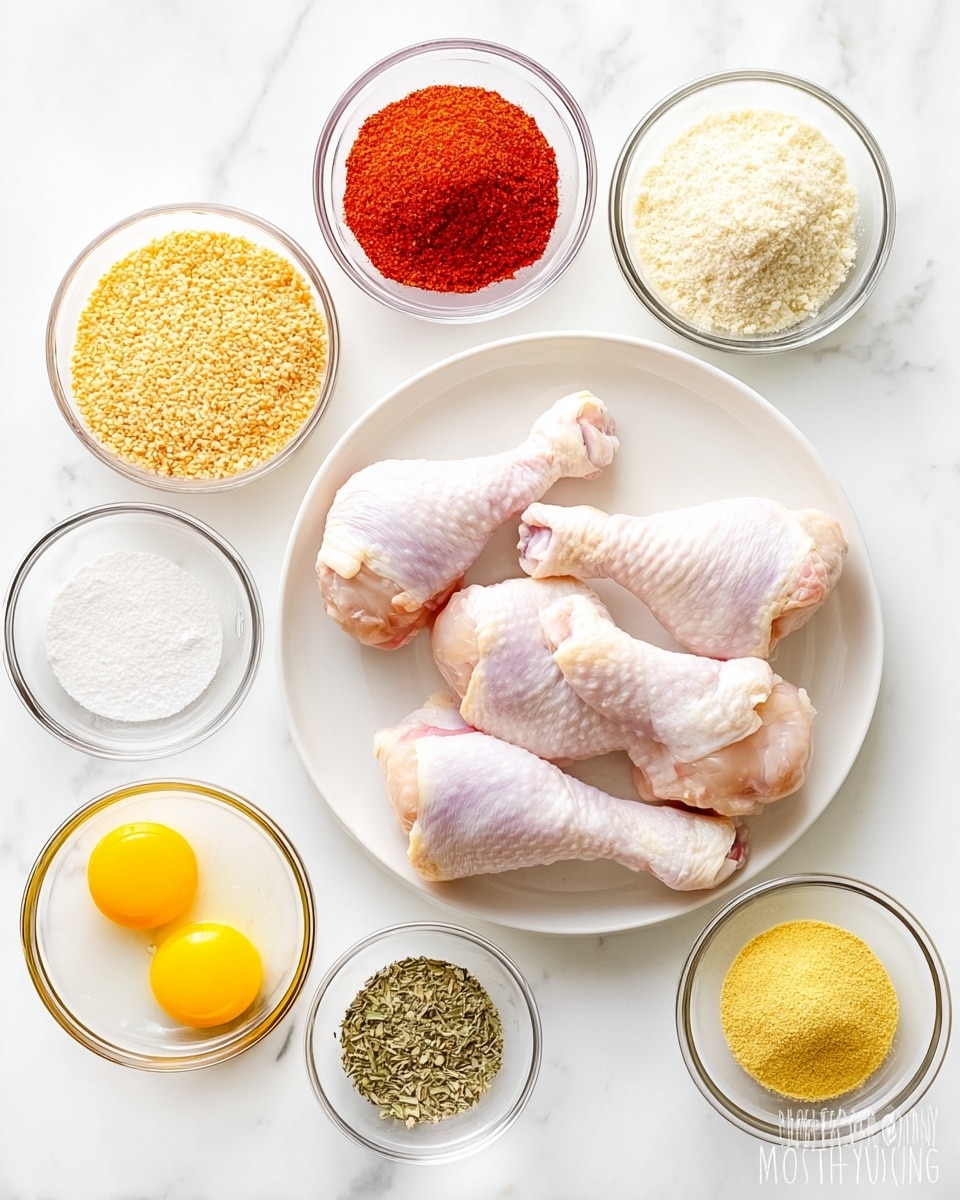The image shows a white plate at the center with six raw chicken drumsticks arranged in a circular pattern, their pale pink skin slightly textured. Surrounding the plate are seven small clear glass bowls placed on a white marbled surface. Starting from the top and moving clockwise: a bowl of bright red powder, a large bowl filled with light orange breadcrumbs, a bowl of pale yellow flour, a bowl with two raw eggs showing bright yellow yolks inside clear egg whites, a small bowl filled with white salt, a small bowl of black pepper, a small bowl containing yellow powder, and a small bowl with dried green herbs. The setup is bright and clean, showcasing all ingredients separately but clearly organized. Photo taken with an iphone --ar 4:5 --v 7