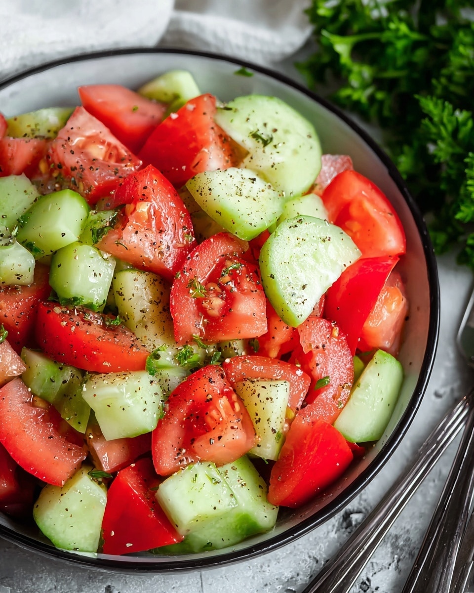A close-up view of a fresh salad in a white bowl filled with roughly chopped red tomato pieces and light green cucumber chunks, sprinkled evenly with small black pepper flakes. The salad layers show a shiny, moist texture from the dressing, with the tomatoes and cucumbers mixed well throughout the bowl. Next to the bowl, slight parts of silver forks rest on a textured white marbled surface, and some green parsley is visible in the background. Photo taken with an iphone --ar 4:5 --v 7