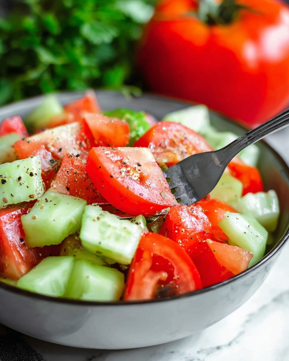 The image shows a close-up of a fresh salad in a white bowl on a white marbled surface. The salad has two main layers: the bottom layer is light green cucumber pieces with a smooth, moist texture, and the top layer is bright red tomato chunks cut into uneven shapes with a slightly shiny surface. Black pepper is sprinkled on top, adding small dark specks. A silver fork is gently piercing some tomato and cucumber in the center. In the blurred background, there is a whole red tomato and some green leafy herbs adding more color contrast. The photo taken with an iphone --ar 4:5 --v 7