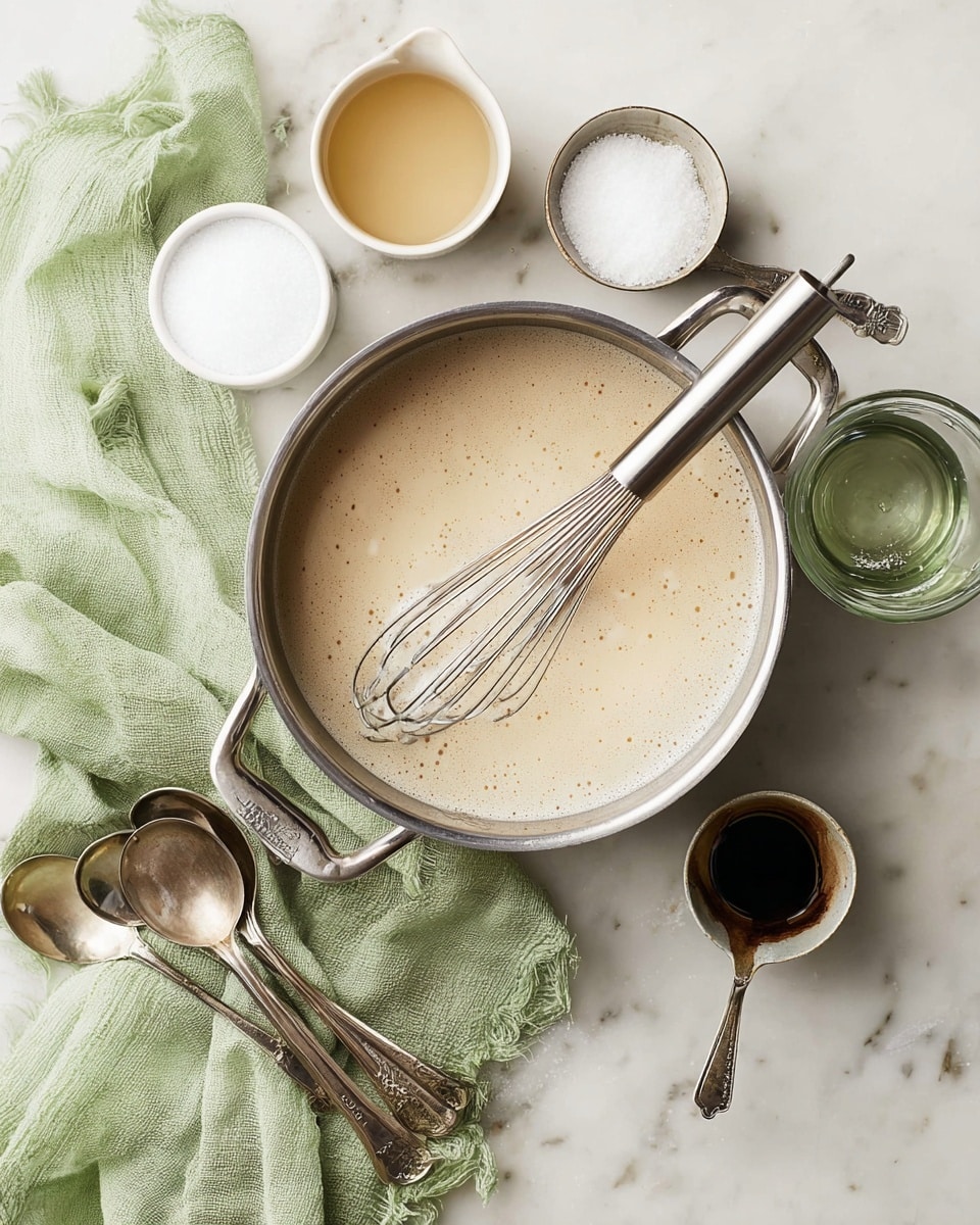 A large silver pot filled with a light beige liquid with small bubbles, with a metal whisk resting inside it. Around the pot are several small white bowls and measuring cups containing white granulated sugar, a dark liquid, and a light liquid. There are two vintage silver measuring spoons next to the pot, and a light green cloth is draped underneath and around the pot. All items are placed on a white marbled surface. Photo taken with an iphone --ar 4:5 --v 7