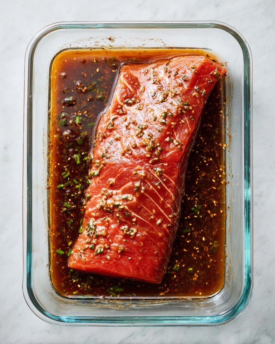 A large piece of raw red salmon fillet covers about two-thirds of a clear glass rectangular dish, lying mostly on the right side. The fillet has a wet, shiny surface with visible texture lines on its skin side and is coated unevenly with a dark brown marinade that has small bits of green herbs spread all over. The marinade fills the empty space on the left side of the dish, showing a thin layer of liquid with scattered herbs floating on top. The dish sits on a white marbled surface, giving a clean and bright background. photo taken with an iphone --ar 4:5 --v 7