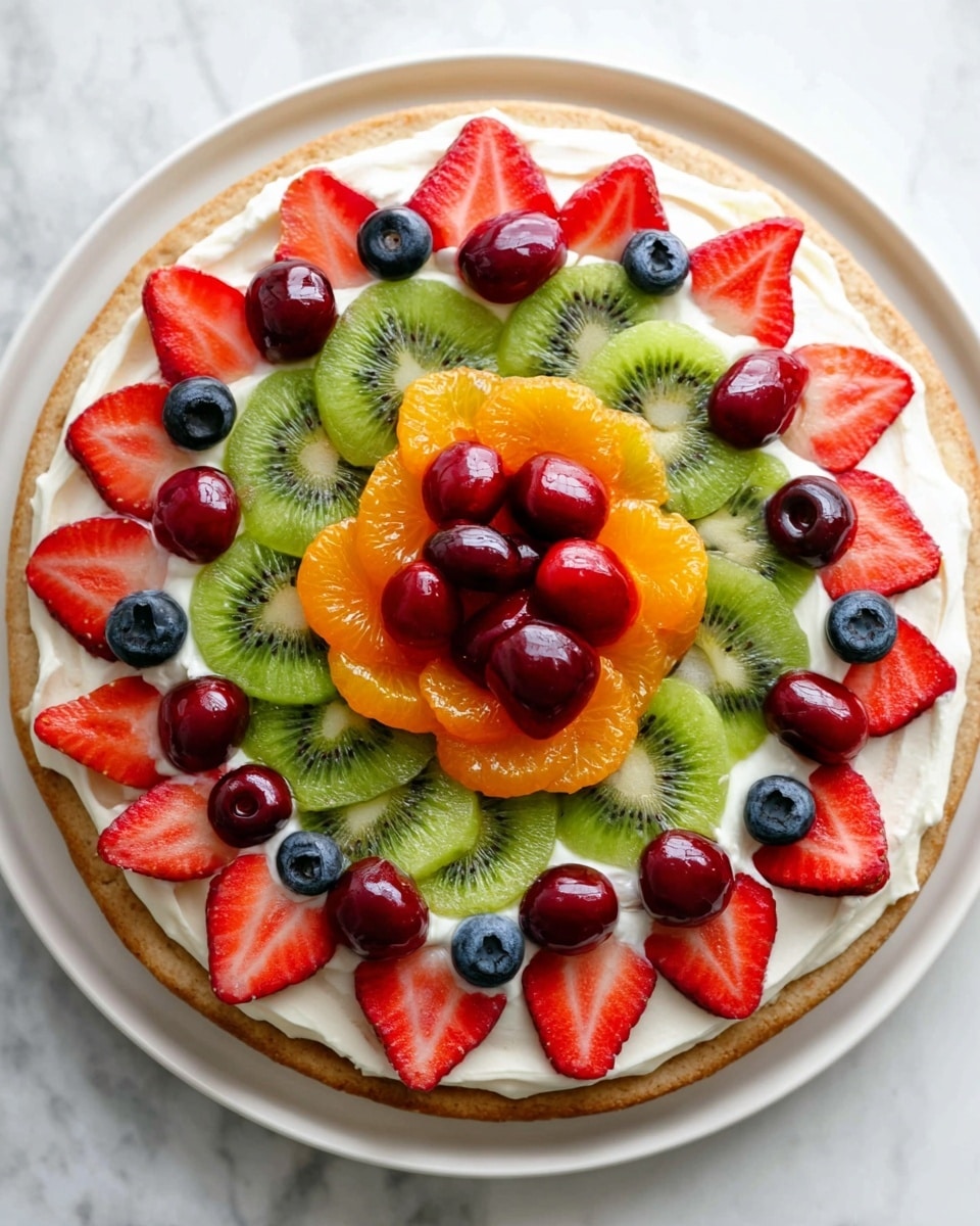 This image shows a fruit pizza on a white plate with a white marbled background. The base is a thick light brown cookie layer. On top of it is a thick layer of white cream spread evenly. The fruit is arranged in an eye-catching pattern: the outer ring has red strawberry slices, the next ring has bright green kiwi slices with small black seeds, then small dark blue blueberries are placed between the fruit layers. Inside the kiwi ring, there are small shiny orange mandarin segments and red cherries, with more strawberry slices and blueberries in the center. The fruits are fresh and glossy, creating a colorful, layered look. Photo taken with an iphone --ar 4:5 --v 7