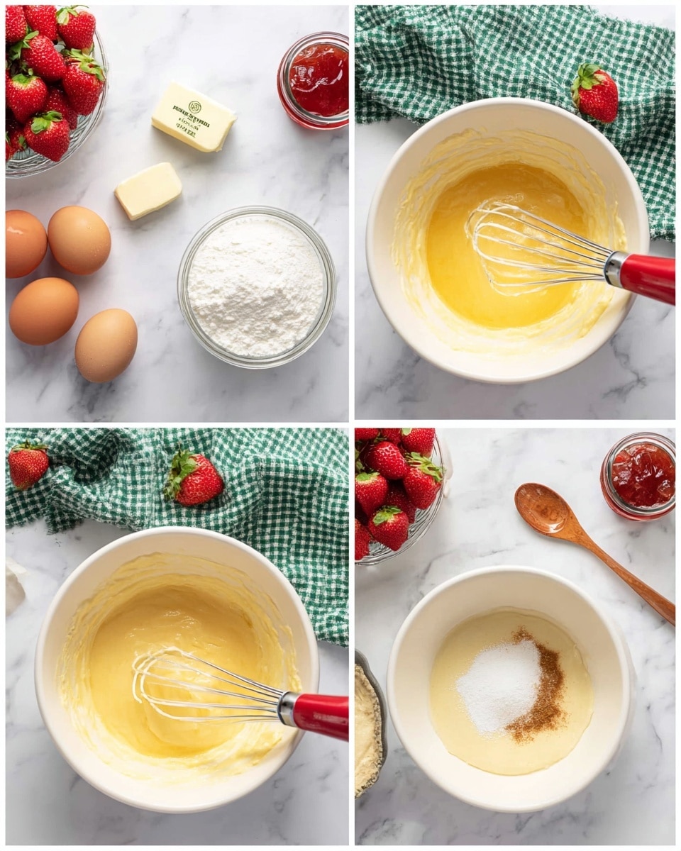 The image shows three stages of mixing ingredients in a white bowl placed on a white marbled surface. In the first stage, there are two whole eggs, a stick of butter, and white sugar in the bowl, with a red mixer and a green checkered cloth nearby; some strawberries in a bowl and pie crusts surround the bowl. In the second stage, the ingredients are mixed into a smooth yellow creamy batter, with the red mixer’s beaters still inside the bowl. In the third stage, a white powdery ingredient and a small amount of brown spice sit on top of the yellow batter, with a wooden spoon placed to the right of the bowl; the strawberries, pie crusts, jar of jam, and green cloth remain visible in the background. photo taken with an iphone --ar 4:5 --v 7