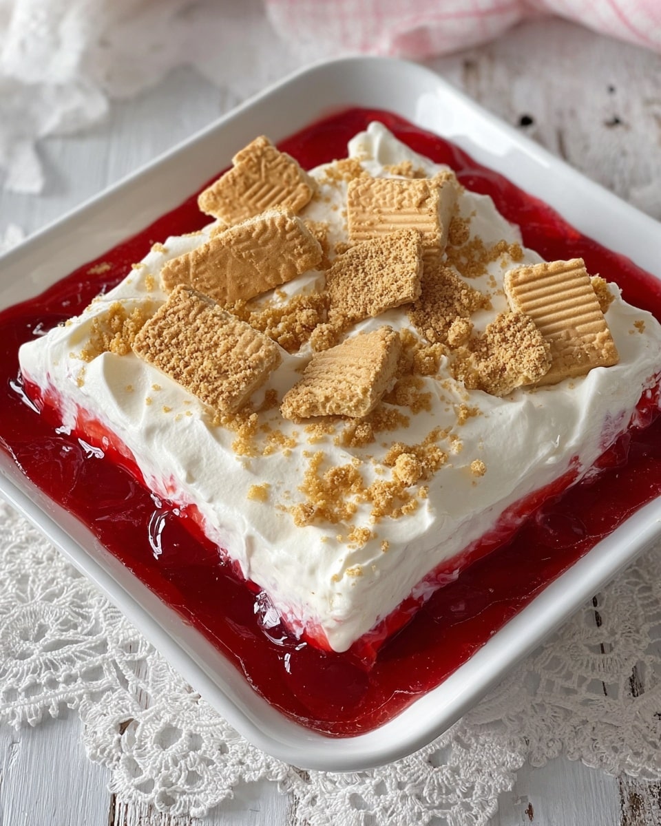 A square white dish holds a dessert with three visible layers: the bottom layer is a shiny red jelly that slightly pools at the edges; the middle layer is thick white cream with a soft, fluffy texture evenly spread above the jelly; the top layer is sprinkled with large and small broken pieces of light golden cookie, some with detailed patterns showing. The dish sits on a white lace cloth over a white marbled surface. Photo taken with an iphone --ar 4:5 --v 7