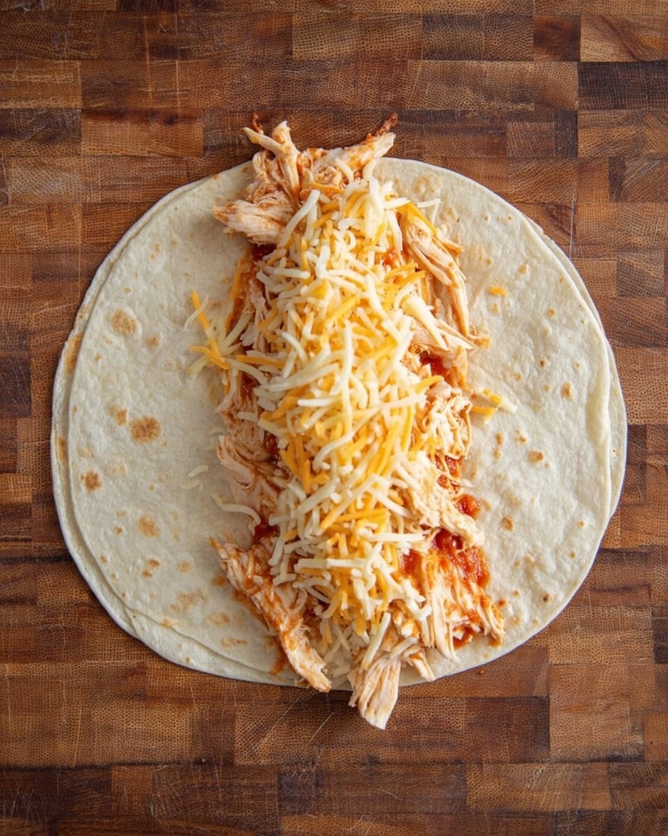 A soft light beige tortilla lies flat on a wooden surface with a pile of shredded orange and white cheese scattered on top. Beneath the cheese, there is a layer of shredded cooked chicken mixed with red sauce, adding some red and brown tones. The fillings are placed in a long, thick strip across the center of the tortilla, leaving the edges bare and showing the light, slightly textured tortilla surface. The wooden surface has a rich brown color and a block pattern. photo taken with an iphone --ar 4:5 --v 7
