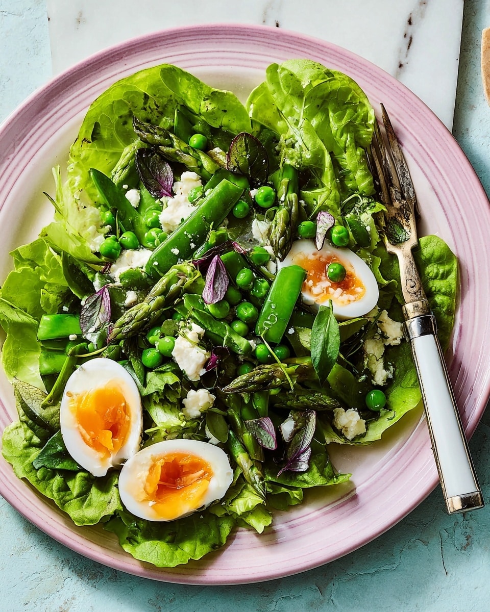 A fresh salad served on a white plate with a pink rim, placed on a white marbled surface. The salad has three layers: at the bottom, large, bright green lettuce leaves form a base; on top, there are green peas, asparagus tips with purple edges, and small leaves of spinach and arugula; scattered all over are small white cheese crumbs and tiny pieces of light purple onion. Two halves of a boiled egg with a bright orange yolk sit on opposite sides of the plate, adding a pop of color to the green mix. A white-handled fork rests on the edge of the plate. photo taken with an iphone --ar 4:5 --v 7