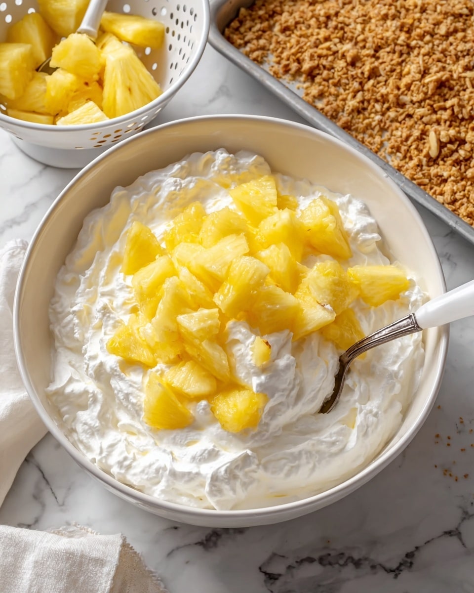 A large white bowl filled with fluffy white whipped cream mixed with bright yellow pineapple chunks sitting on top, accompanied by a white spoon resting inside the bowl; in the background, a white colander holds more pineapple pieces, and a tray lined with parchment paper contains a golden-brown crumbly nut topping, all set on a white marbled surface. photo taken with an iphone --ar 4:5 --v 7