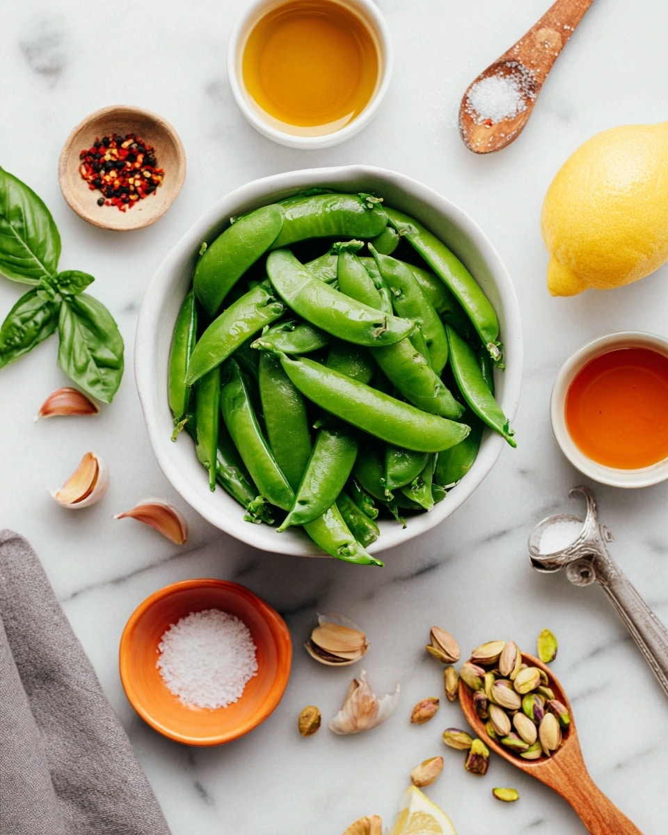A white bowl filled with fresh, bright green snap peas sits in the center on a white marbled surface. Surrounding the bowl are several small white and orange bowls and containers holding different ingredients: golden oil, amber liquid, coarse white salt with a wooden spoon, and roasted pistachio nuts. There is also a halved lemon, garlic cloves, a fresh green basil leaf, a wooden spoon with red chili flakes, a small jar of black pepper, and a vintage silver spoon with mustard. A grey cloth napkin is placed in the top right corner. The image has a fresh, clean look with natural lighting. photo taken with an iphone --ar 4:5 --v 7