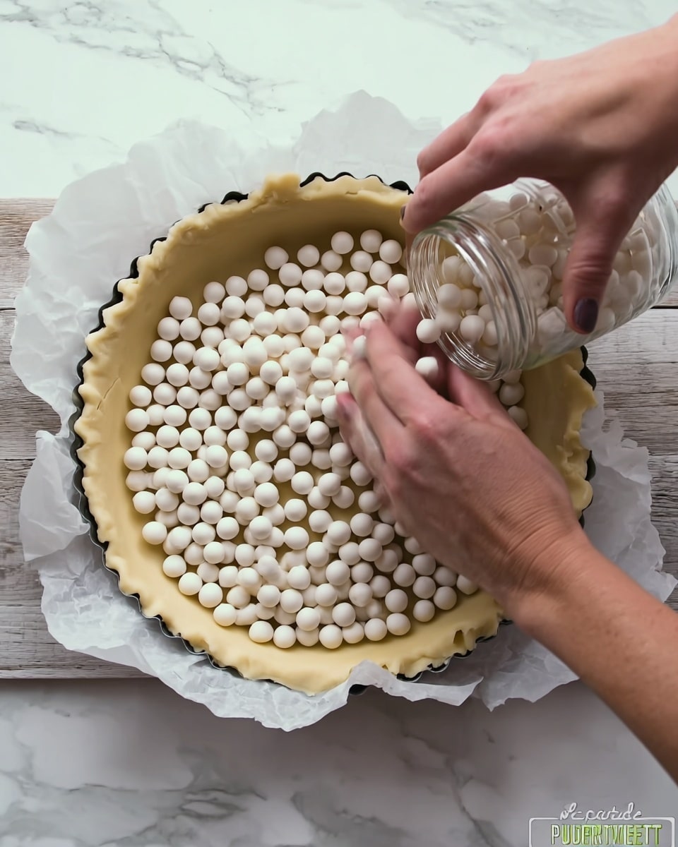 A round metal tart pan lined with crinkled white parchment paper holds an unbaked light yellow pie dough pressed into the edges. On top of the dough, many small white ceramic baking balls spread evenly to weigh down the crust. A woman's left hand gently presses the balls while the right hand pours more balls from a clear glass jar onto the crust. The pan sits on a white marbled countertop. Photo taken with an iphone --ar 4:5 --v 7