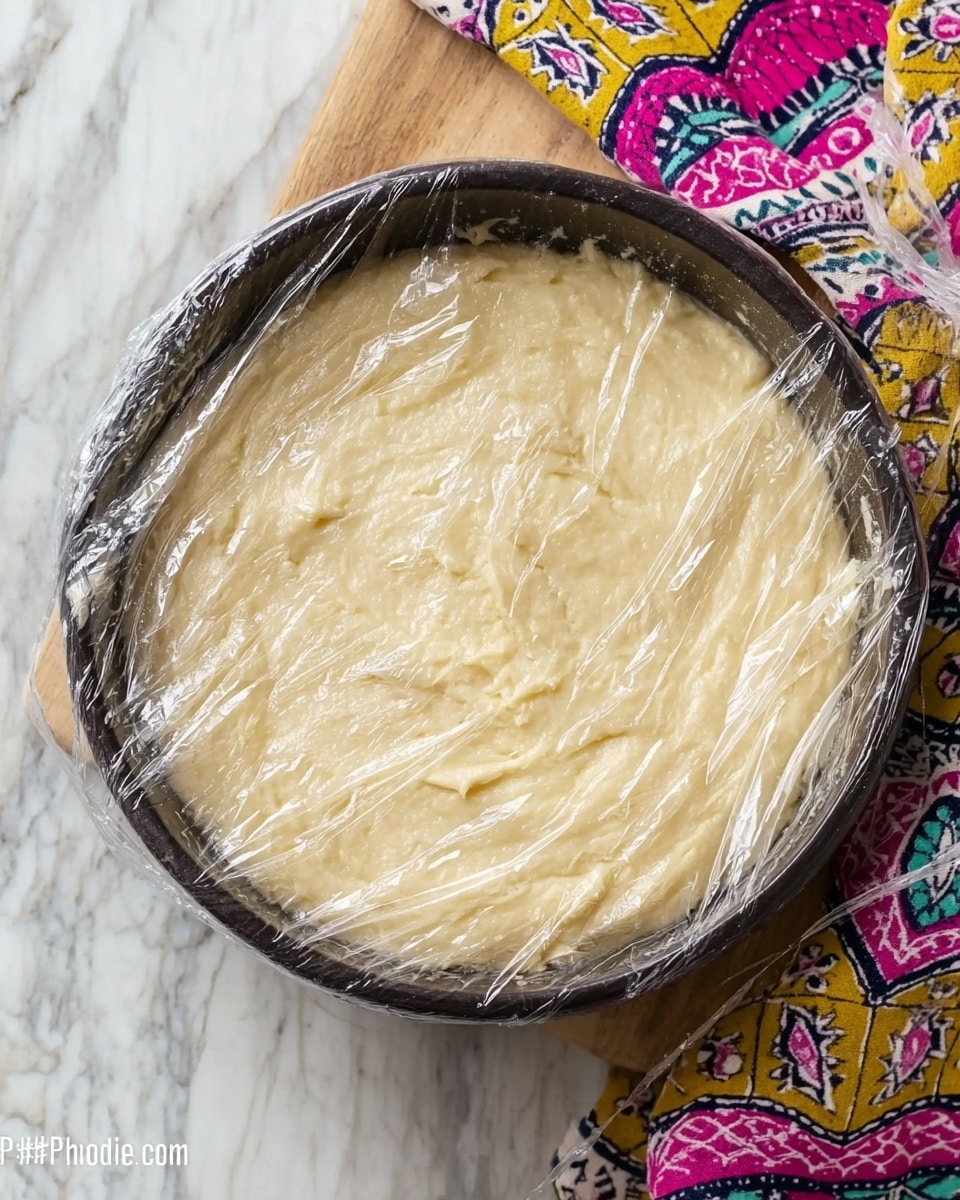 A round black pan filled with a thick creamy pale yellow batter or dough covered with clear plastic wrap that is slightly wrinkled, placed on a white marbled surface with a part of a colorful cloth with yellow, pink, and dark blue patterns visible in the upper right corner. photo taken with an iphone --ar 4:5 --v 7