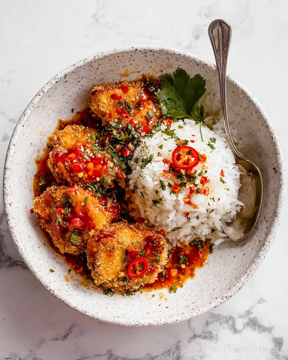A white speckled bowl holds a serving of food with two distinct parts: on the left, there are five golden brown crispy pieces covered with a bright, glossy red sauce with small slices of chili and sprinkled with finely chopped green herbs; on the right, a mound of white rice also has drops of the same red sauce and green herbs scattered on top; a silver spoon rests inside the bowl near the rice, and a small green leaf garnish peeks out from underneath the crispy pieces; the bowl sits on a white marbled surface. photo taken with an iphone --ar 4:5 --v 7