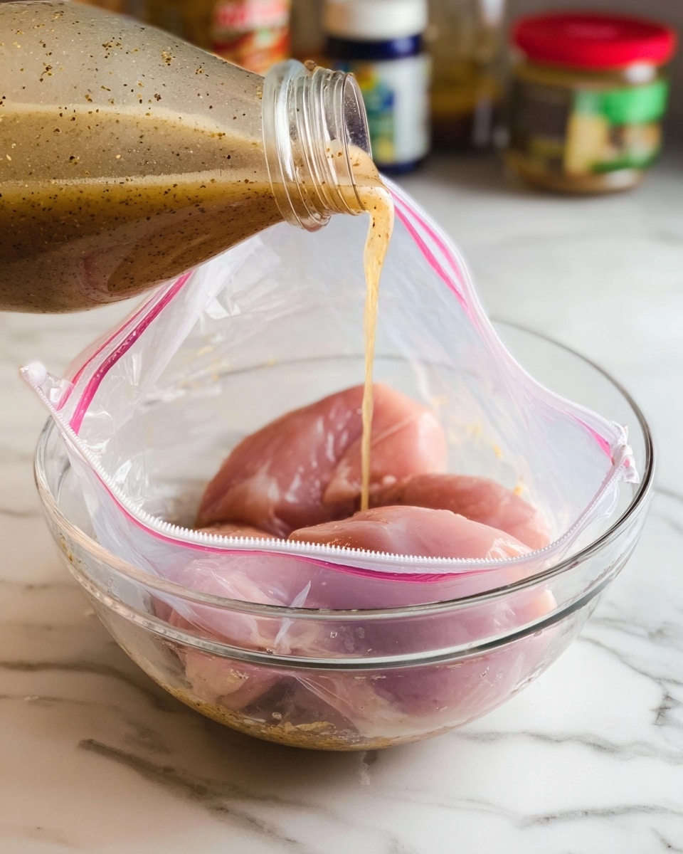 A clear plastic zipper bag stands open inside a clear glass bowl on a white marbled surface, filled with three large pink raw chicken pieces. A brownish, speckled liquid marinade is being poured into the bag from a clear bottle held just out of full view at the top left. In the background, there are blurred jars and containers. The scene shows the start of marinating chicken. photo taken with an iphone --ar 4:5 --v 7