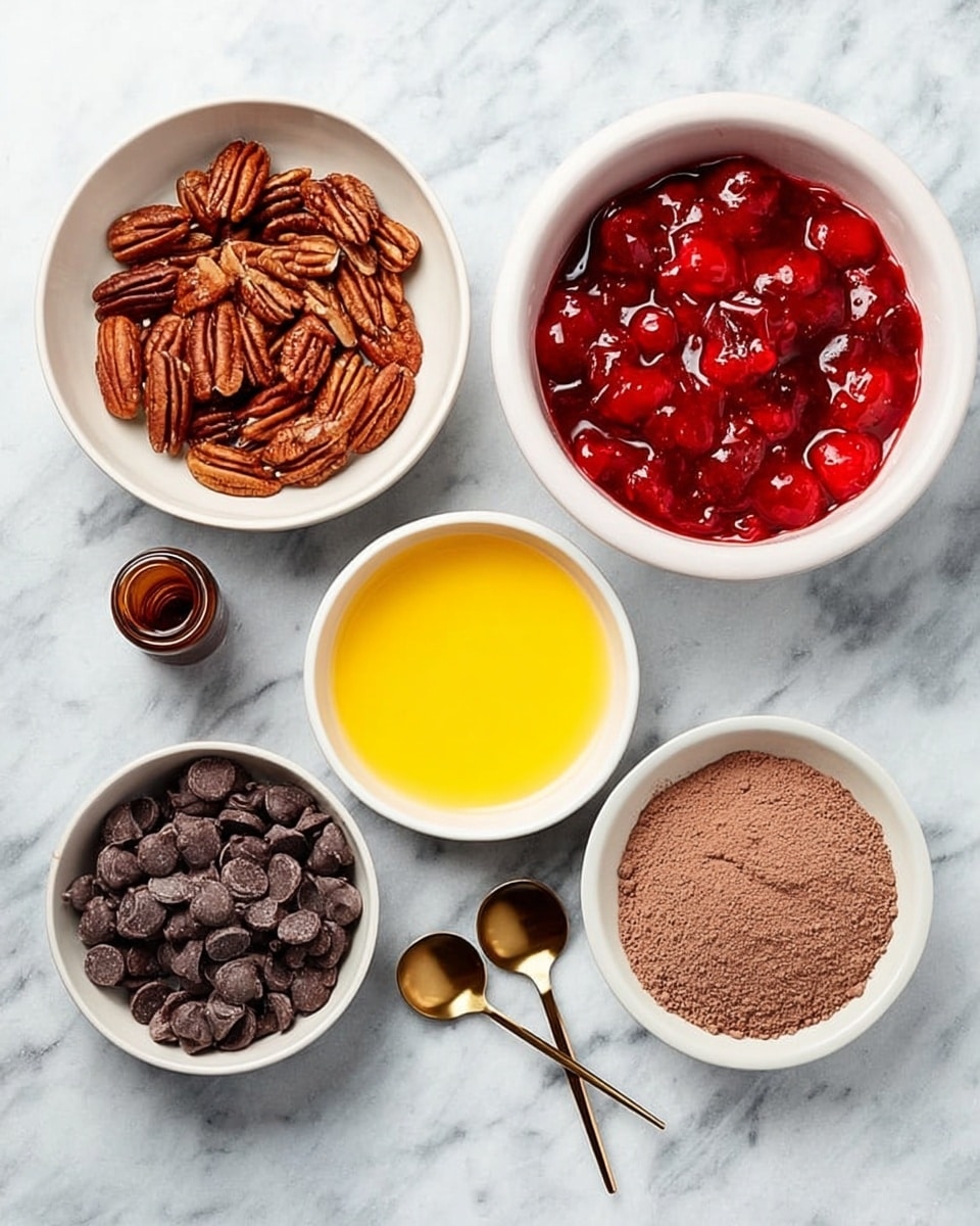 The image shows six small bowls placed on a white marbled surface, each containing different ingredients for a recipe. The largest bowl is white and filled with bright red cherry filling, glossy and thick in texture. Next to it, a white bowl holds medium-brown pecan halves arranged loosely. A smaller white bowl contains dark brown chocolate chips with a smooth surface. There is a white bowl with melted yellow butter, shiny and liquid, and a larger bowl with light brown cocoa powder, soft and powdery. Finally, two small gold spoons with a small brown bottle are placed beside the bowls. Photo taken with an iphone --ar 4:5 --v 7