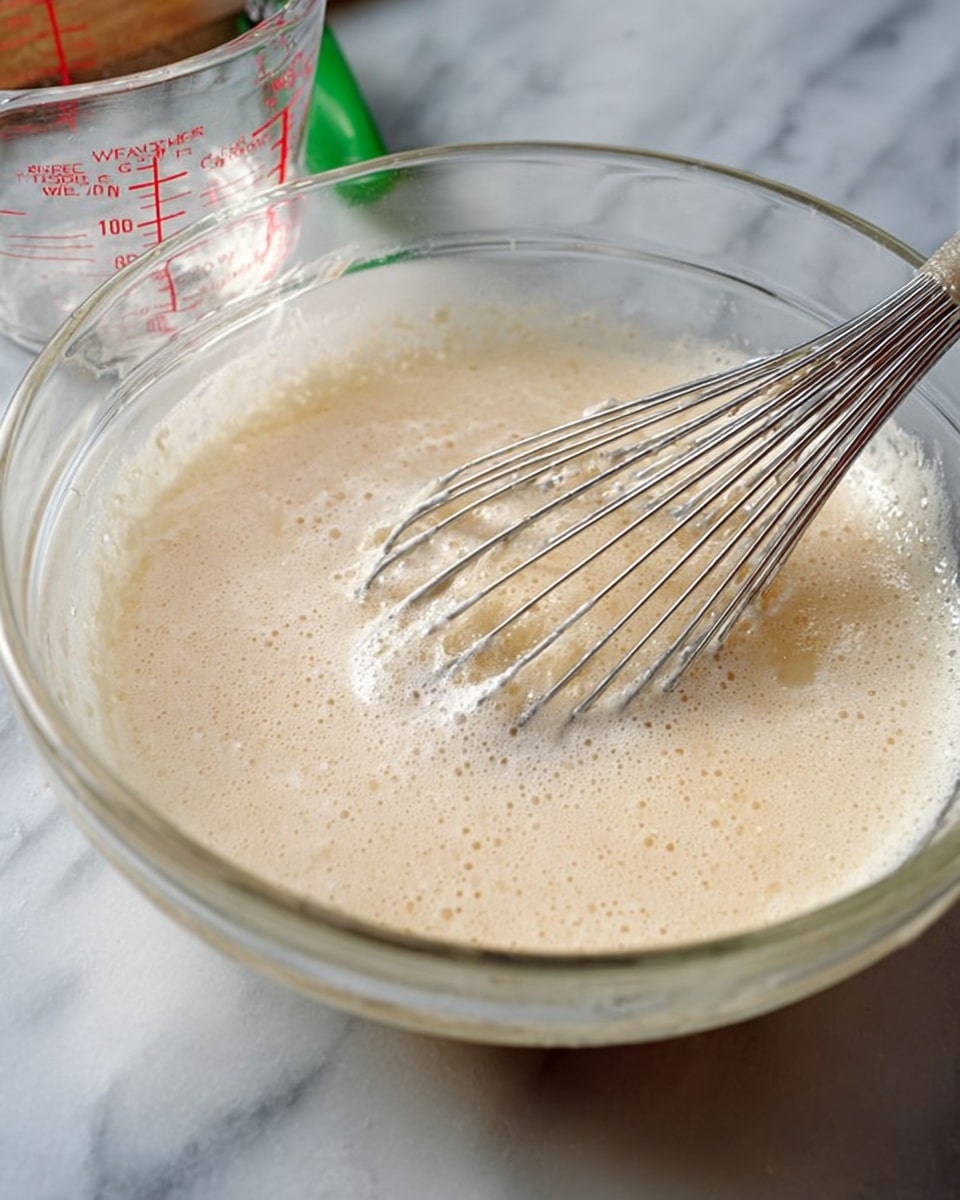 A clear glass bowl sits on a white marbled surface, filled with a pale beige, smooth batter that has small bubbles on the surface. A metal whisk rests inside the bowl, partially coated with the batter. In the background, there is a clear measuring cup with red markings and a green handle from another tool slightly visible. The scene looks like the batter is in the middle of being mixed. photo taken with an iphone --ar 4:5 --v 7