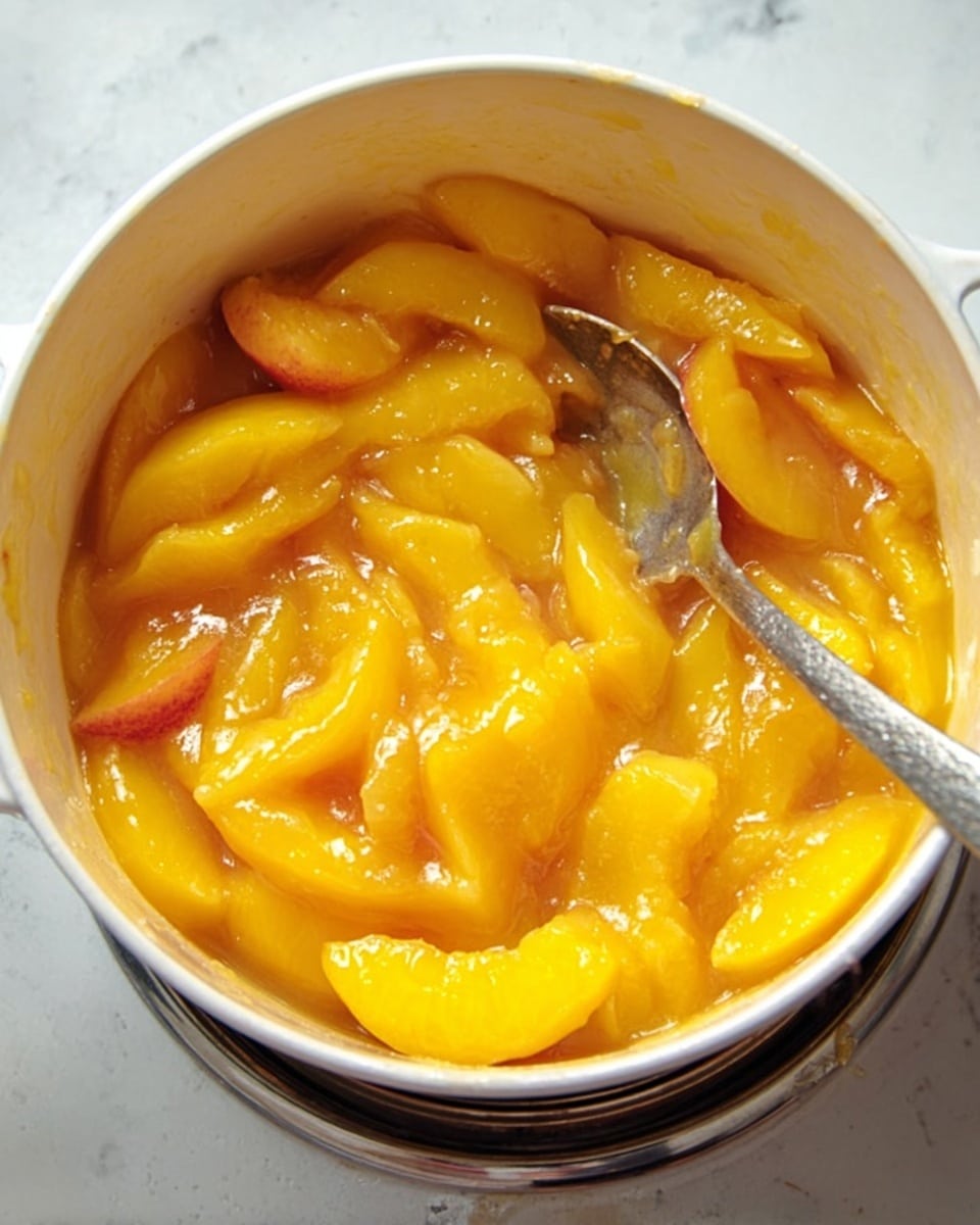 The image shows a white pot filled with yellow peach slices in a thick, shiny sauce. The peach slices are soft and layered unevenly, with some parts looking more mashed. There is a metal spoon inside the pot, partly covered in the sauce and resting among the peach slices. The pot is placed on a stove with part of the metal burner visible around the bottom edge. The background and surface are a white marbled texture. photo taken with an iphone --ar 4:5 --v 7