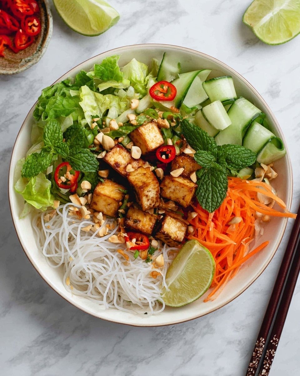 The image shows a white bowl on a white marbled surface filled with a colorful vegetable noodle dish in four distinct layers. The bottom layer is white thin rice noodles on the left side. The second layer consists of shredded light green lettuce and cucumber sticks placed on the right and bottom sides. The third layer shows bright orange carrot sticks and fresh green mint leaves slightly above the noodles and vegetables. On top, golden-brown cubes of tofu are arranged in the center, garnished with small red chili slices and sprinkled with crushed peanuts. Lime slices are placed on the left and right sides as decoration. Dark wooden chopsticks rest on the right edge of the bowl. Photo taken with an iphone --ar 4:5 --v 7
