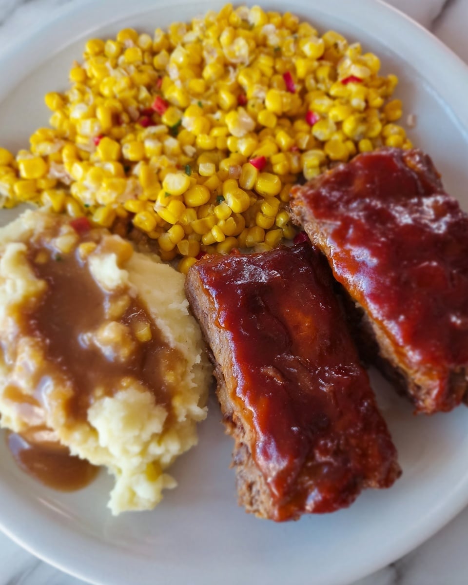 A white plate holds a meal with three parts: at the top left is a large pile of cooked yellow corn with some small red and green bits mixed in; at the bottom left is a soft mound of mashed potatoes covered with brown gravy that looks smooth with small lumps; on the right side are two pieces of cooked ribs covered in thick, shiny red-brown barbecue sauce. The plate is set on a white marbled surface. photo taken with an iphone --ar 4:5 --v 7