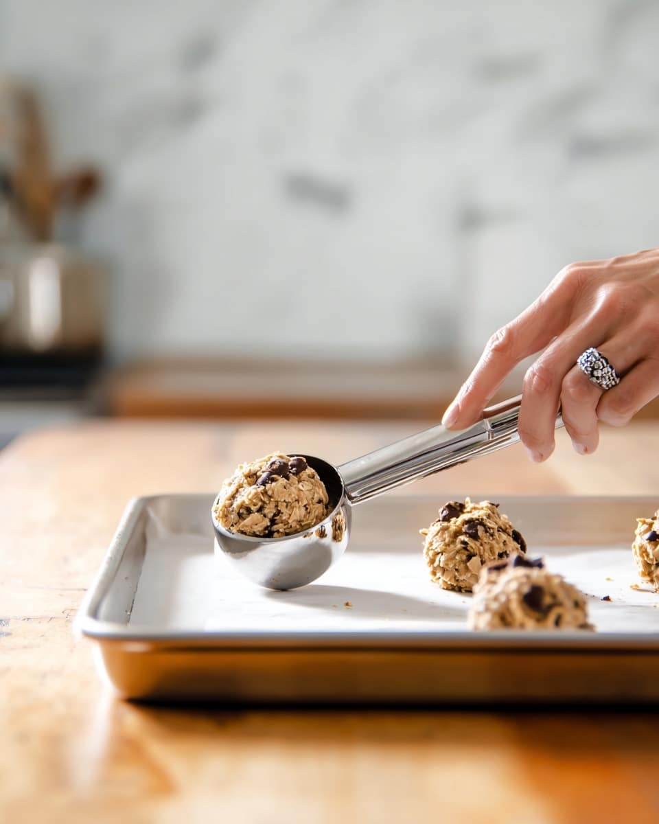 A woman's hand with a silver ring is holding a silver cookie scoop, placing a round scoop of oatmeal cookie dough with visible oatmeal flakes and dark chocolate chips on a white baking tray. There are three more scoops of the same cookie dough spaced apart on the tray. The tray is set on a wooden table, and the background is softly blurred with a white marbled texture. Photo taken with an iphone --ar 4:5 --v 7