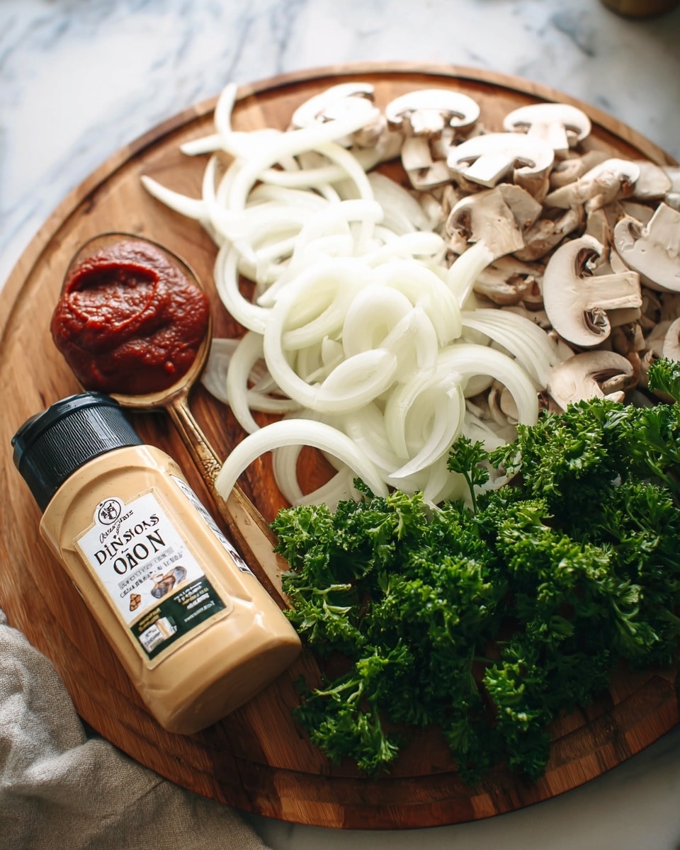 A round wooden board sits on a white marbled surface with layers of fresh ingredients arranged on it. The top layer is white onion slices, thin and slightly translucent, scattered over sliced light brown mushrooms to the right side. Below the onions and mushrooms, there is a bunch of bright green curly parsley adding a fresh contrast. On the left edge of the board, there is a spoon filled with thick, deep red tomato paste. Near the bottom left corner, a beige plastic bottle of Dijon mustard with a black cap rests partly on the board, showing its label clearly. The entire scene has soft lighting that highlights the natural colors. Photo taken with an iphone --ar 4:5 --v 7