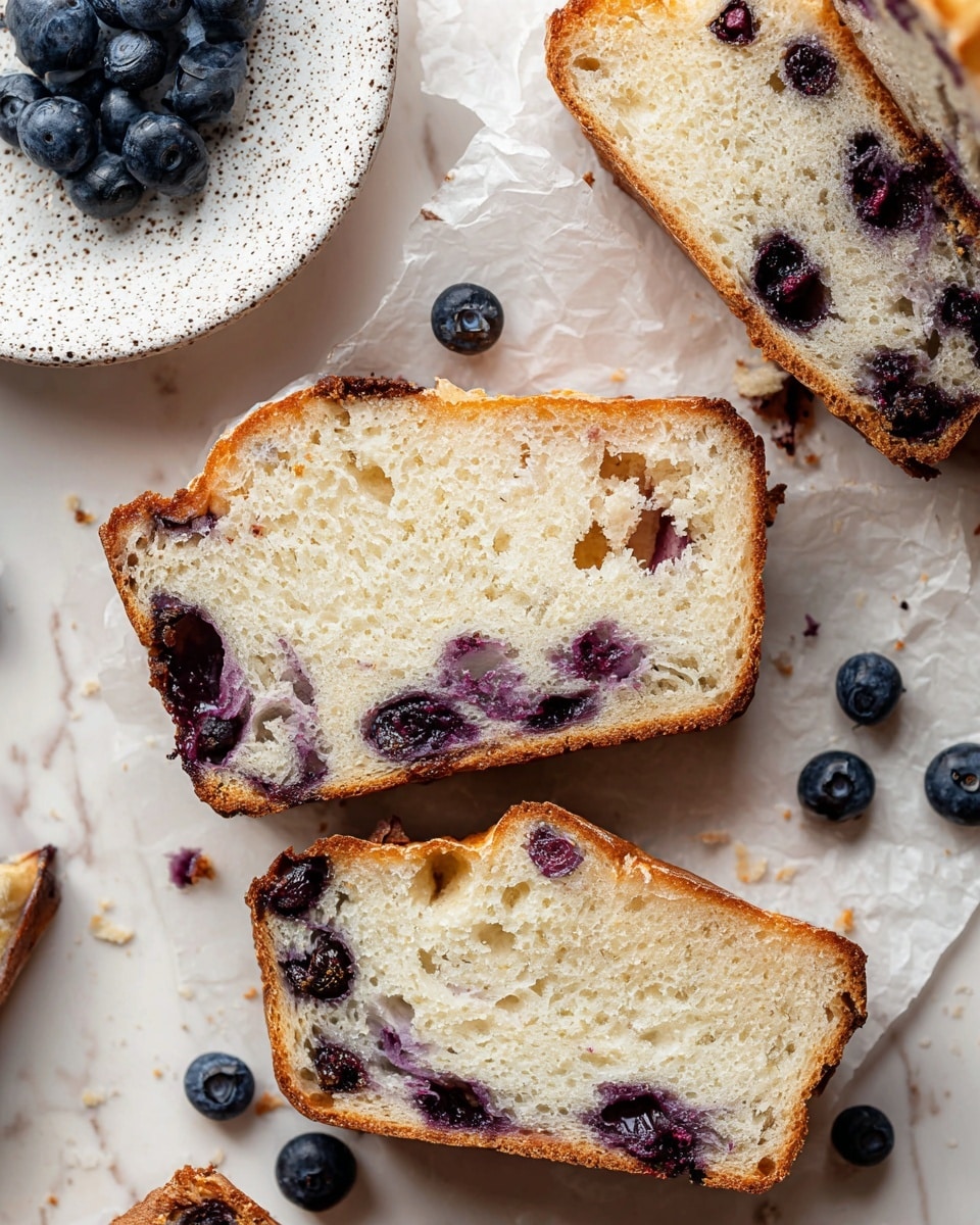 The image shows three slices of light-colored bread with a golden-brown crust and dark purple blueberry spots inside, placed on a white marbled surface. Part of two slices sit on a white speckled ceramic plate at the top left with a few fresh blueberries nearby. One large slice is centered on the marble background, showing the soft and airy texture of the bread with blueberries inside. Pieces of parchment paper and more blueberries are scattered around. Photo taken with an iphone --ar 4:5 --v 7