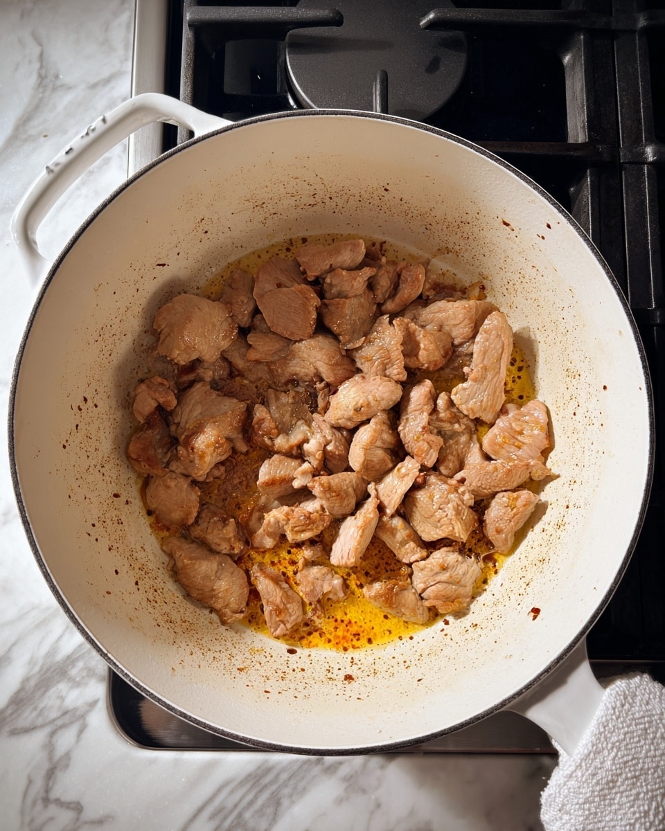 Inside a large white pot, there are small pieces of light brown cooked meat spread mostly in the center, with some slices showing a slightly pinkish color. Underneath the meat, you can see some shiny, golden oil pooling, creating a glistening effect. The sides of the pot are stained lightly with cooked residue, giving a slightly darker contrast to the overall light interior. The pot sits on a black stovetop with a white marbled countertop beneath it. A white towel hangs from the stove handle, and a woman's hand is visible at the bottom right corner of the image near the stove. photo taken with an iphone --ar 4:5 --v 7