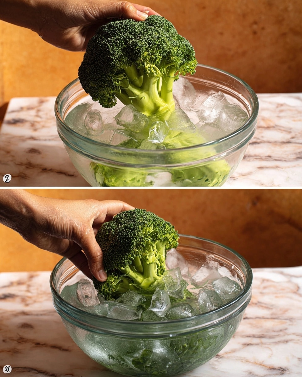 The image shows two steps of preparing broccoli. In the first step, a woman's hand holds a whole broccoli head with a thick light green stalk and a dense cluster of bright green florets, dipping it into a clear glass bowl filled with water. The second step shows the same broccoli now in a glass bowl filled with water and melting ice cubes, with the woman's hand gently holding the broccoli stalk inside the bowl. The bowl is placed on a surface with a white marbled texture, and the background is softly blurred in warm tones. photo taken with an iphone --ar 4:5 --v 7