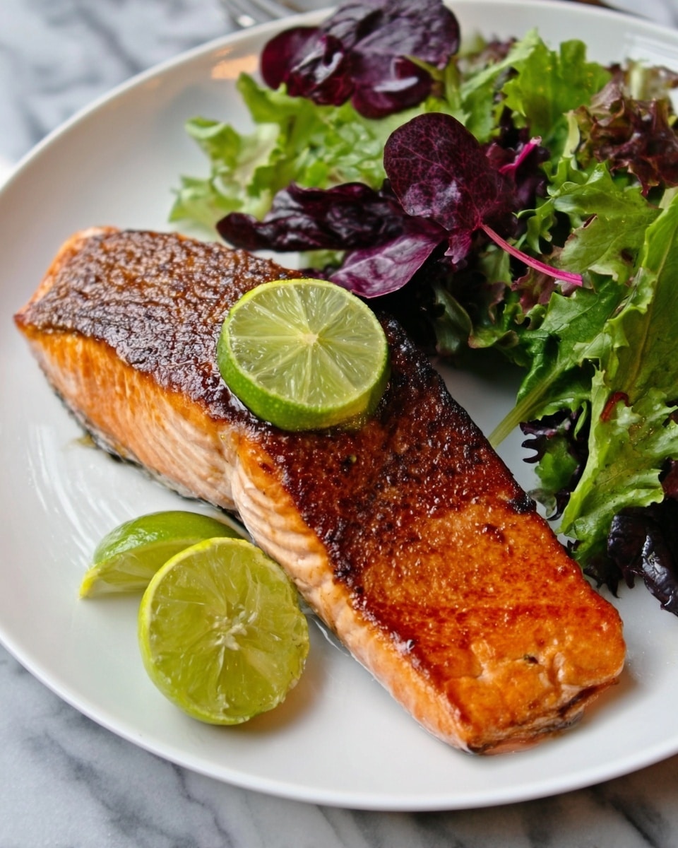 A thick piece of cooked salmon with a browned crispy skin on the bottom and orange-pink flesh on top sits in the center of a white plate. A green lime wedge rests on top of the salmon's middle. On one side of the salmon is a small pile of fresh mixed greens with dark purple and bright green leaves. The plate is set on a white marbled surface. photo taken with an iphone --ar 4:5 --v 7