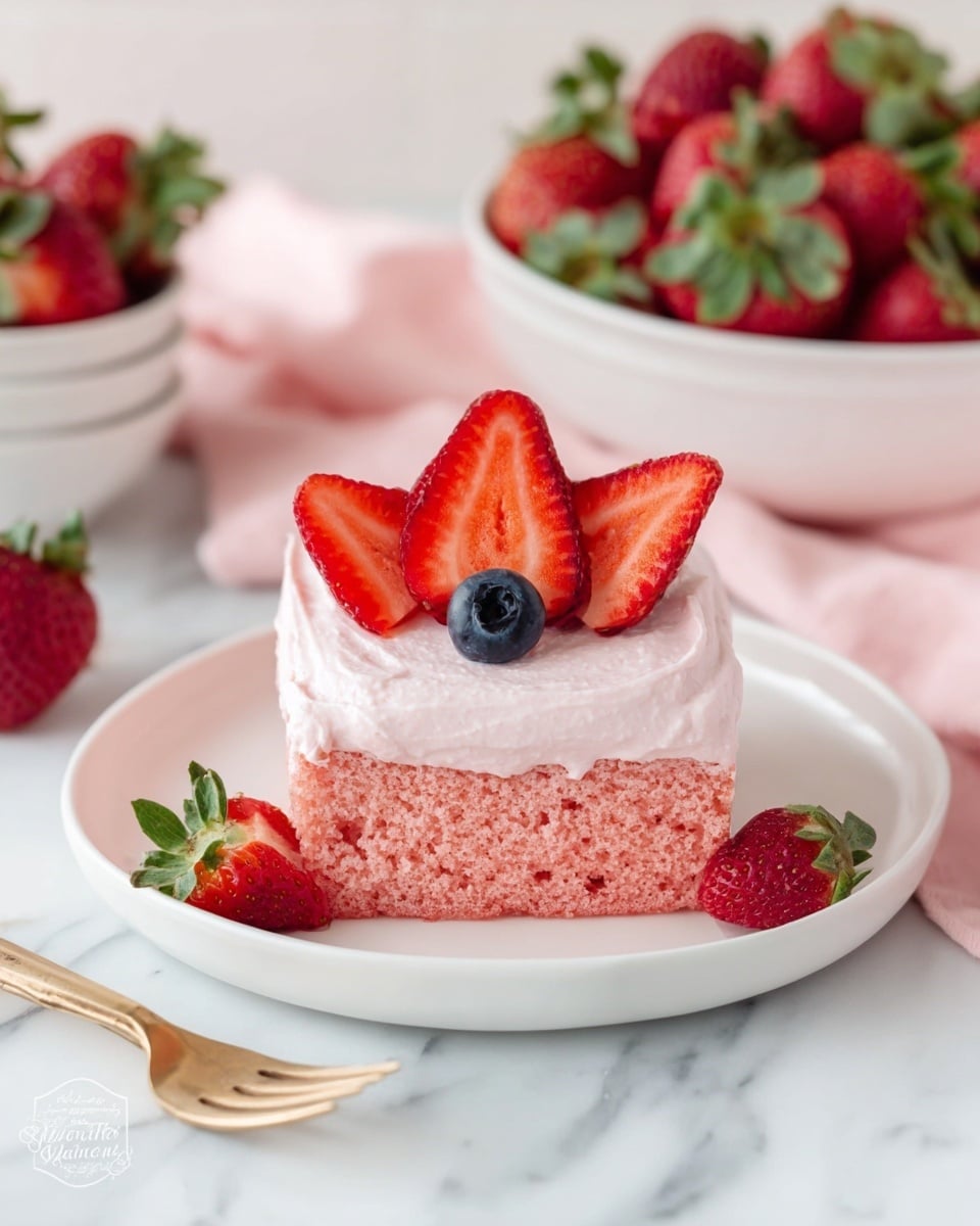 The image shows a dessert with two layers on a white plate placed on a white marbled surface. The bottom layer is a soft, pink cake with a light, fluffy texture. The top layer is a smooth, light pink cream spread evenly over the cake. On top of the cream, there are five red strawberry slices arranged in a circular pattern with a single dark blueberry in the center. Around the plate, there are fresh whole strawberries and a white bowl full of strawberries in the background, along with a gold fork and a pink cloth. photo taken with an iphone --ar 4:5 --v 7