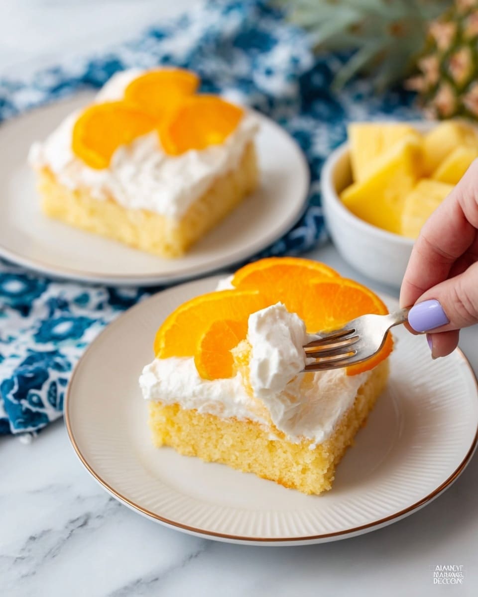 Two square pieces of yellow cake with a soft texture sit on white plates with a rimmed edge, each topped with a thick white cream layer. Bright orange slices decorate the top of each cake piece, adding a splash of color against the white cream. A woman's hand with light purple nail polish holds a fork lifting a bite of the cake with cream. The white plates rest on a surface with a white marbled texture, and in the background, a small white bowl filled with more orange slices and part of a pineapple are visible. A blue and white patterned cloth adds subtle color to the scene. photo taken with an iphone --ar 4:5 --v 7