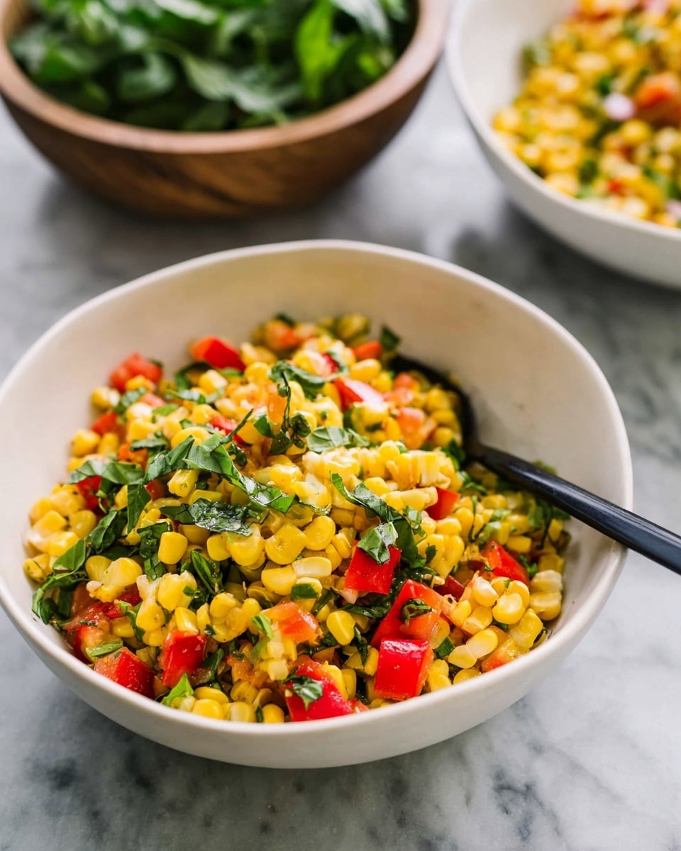 A white bowl filled with a colorful mix of yellow corn kernels, bright red bell pepper pieces, and chopped green herbs, possibly basil, layered evenly throughout the dish; a black spoon rests on the right side inside the bowl, partially immersed in the salad. The bowl is placed on a white marbled surface. In the background, a wooden bowl filled with green leafy herbs and another white bowl with a similar corn and pepper salad are slightly blurred. The colors are vibrant and fresh, showing a light, healthy salad. photo taken with an iphone --ar 4:5 --v 7