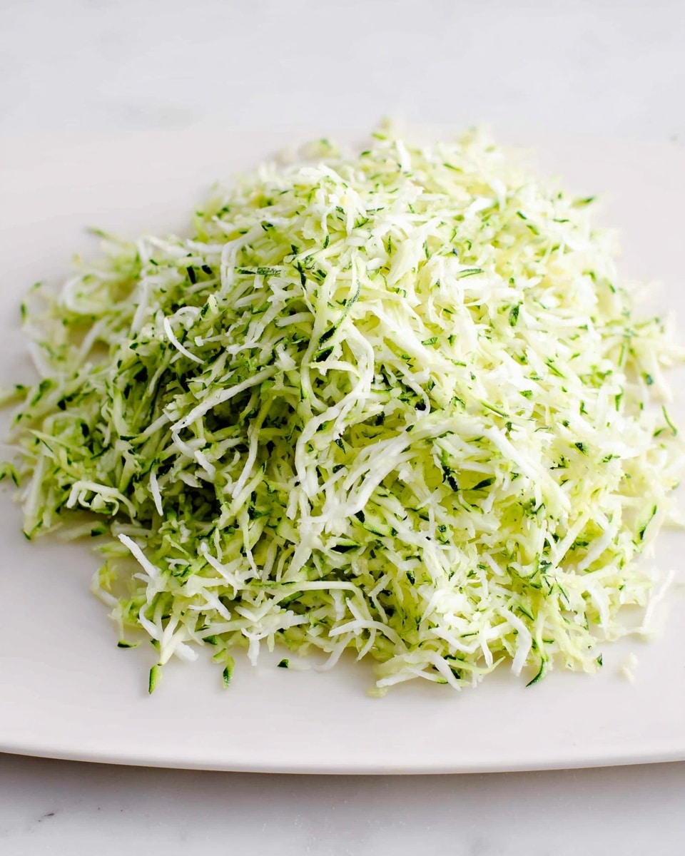A loose mound of shredded zucchini sits in the center of a clean white plate, showing a mix of light green and white colors with fine, thin, noodle-like strands. The shreds have a slightly moist and fresh texture, with small green flecks from the zucchini skin scattered throughout. The background is a white marbled surface, giving a fresh and simple presentation. Photo taken with an iphone --ar 4:5 --v 7
