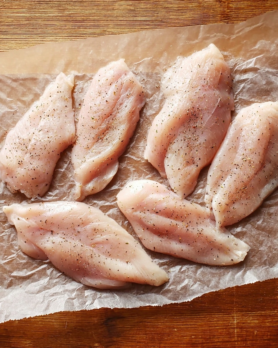 The image shows six raw chicken fillets placed on a piece of translucent parchment paper laid on a wooden surface. Each fillet is pale pink with some white fat lines and is lightly sprinkled with black pepper, giving a speckled texture. The pieces vary slightly in size and shape, some being more rounded while others are elongated, with a wet and smooth appearance. The edges of the parchment paper are uneven, and the wood underneath has a warm brown tone with visible grain patterns. photo taken with an iphone --ar 4:5 --v 7
