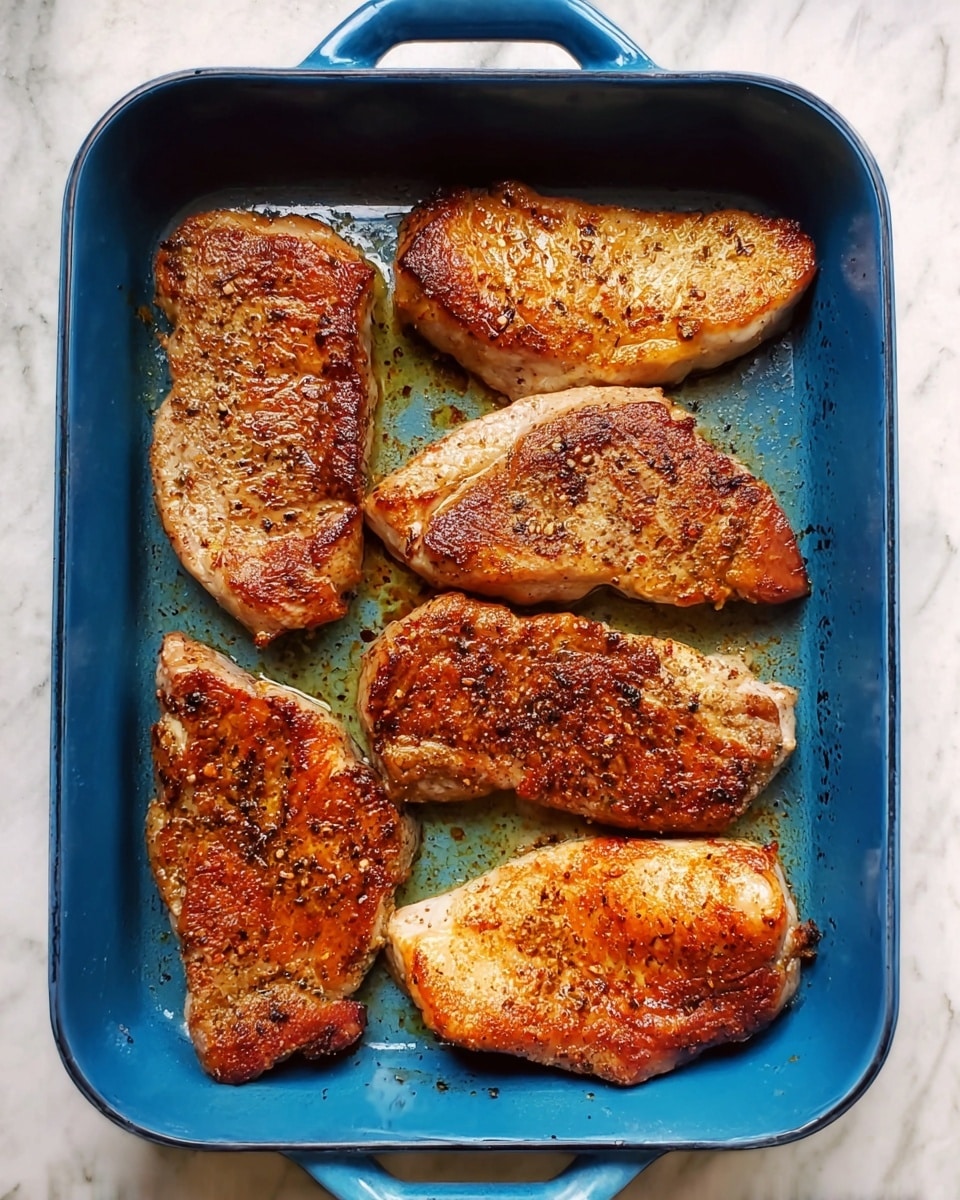 The image shows six pieces of cooked meat with a range of golden brown to darker brown colors, arranged in two rows inside a blue baking dish with handles on both sides; the meat has a slightly crisp and seasoned texture on top with some areas appearing juicier and lighter in color. The baking dish is set on a white marbled surface. photo taken with an iphone --ar 4:5 --v 7