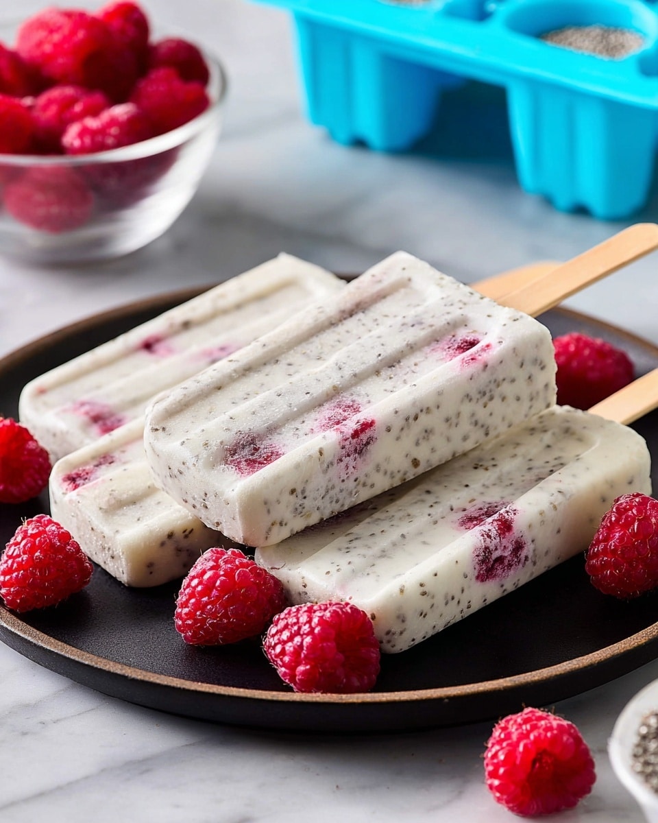 There are four creamy white popsicles with visible red raspberry pieces and tiny dark chia seeds mixed inside. The popsicles are rectangular with wooden sticks at one end. They sit on a dark round plate that contrasts with the popsicles' light color. Around the plate, there are fresh whole raspberries scattered on a white marbled surface. In the background, there is a blurred glass bowl with more white chia seeds and a blue popsicle mold. The photo taken with an iphone --ar 4:5 --v 7